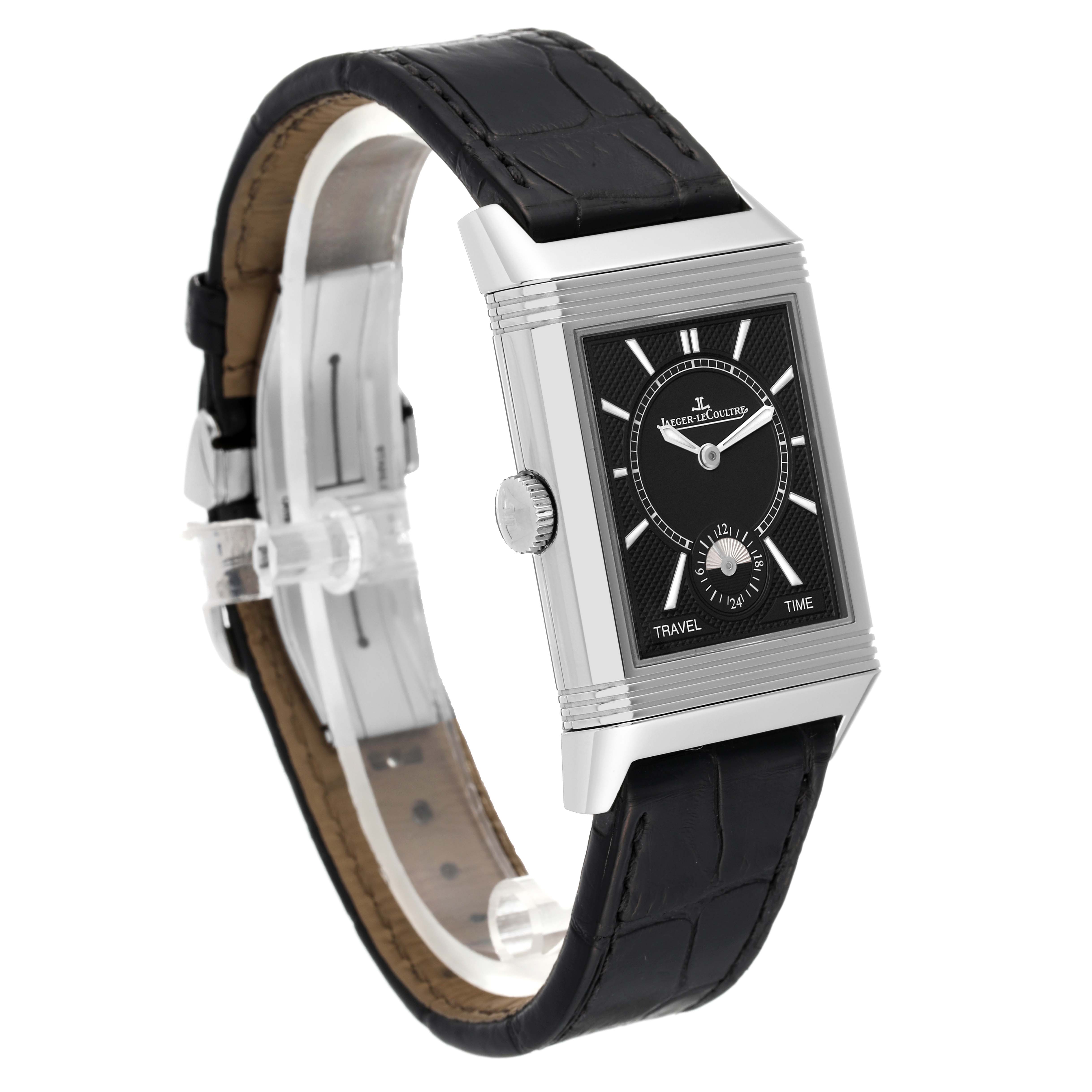 The Jaeger LeCoultre Reverso Q3848420 Men's Stainless Steel Silver Dial Q3848420 Men's Stainless Steel Silver Dial watch is shown at a slight side angle, highlighting its rectangular face, crown, and black leather strap.