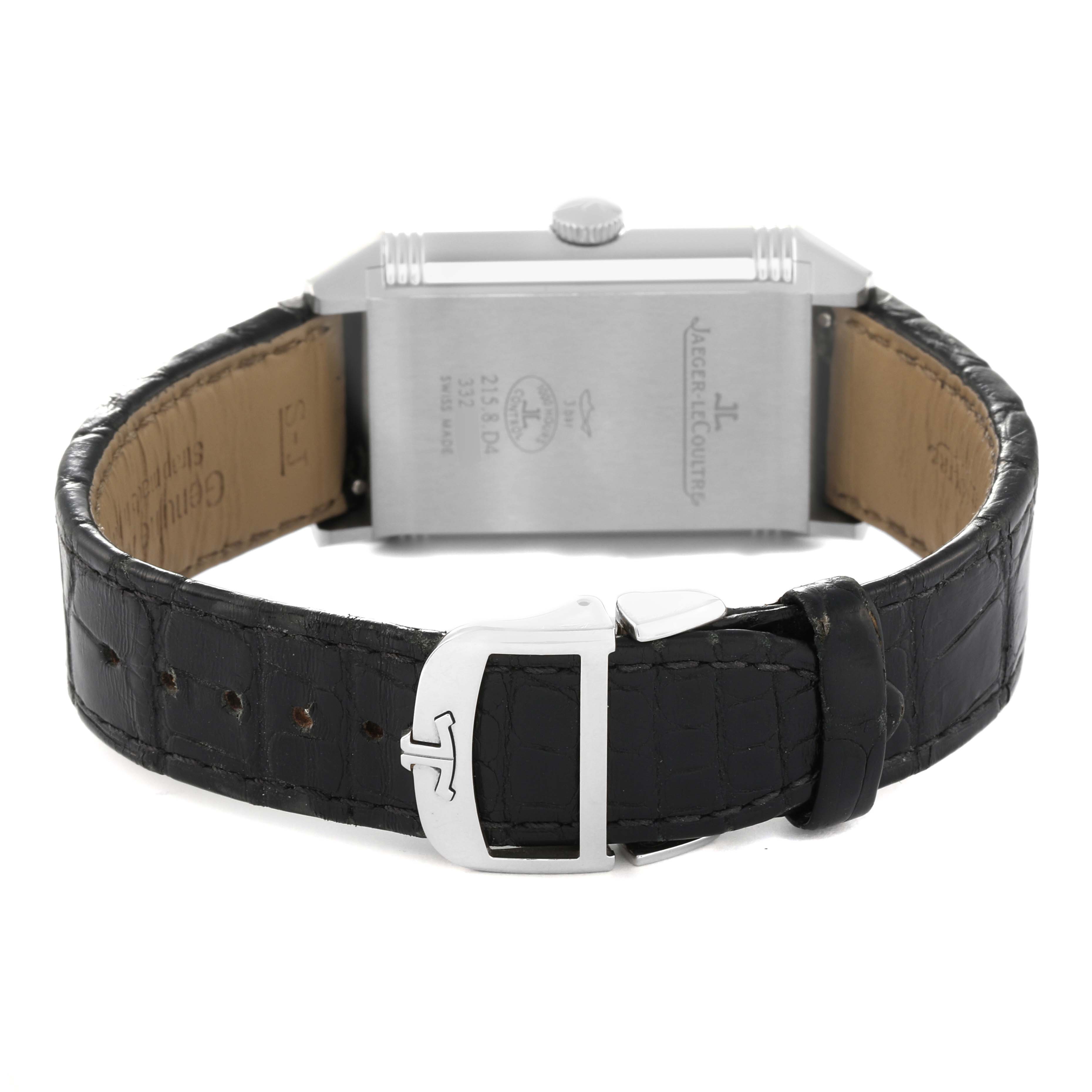 The image shows the back case, crown, and leather strap with a clasp of a Jaeger LeCoultre Reverso Q3848420 Men's Stainless Steel Silver Dial Q3848420 Men's Stainless Steel Silver Dial watch.