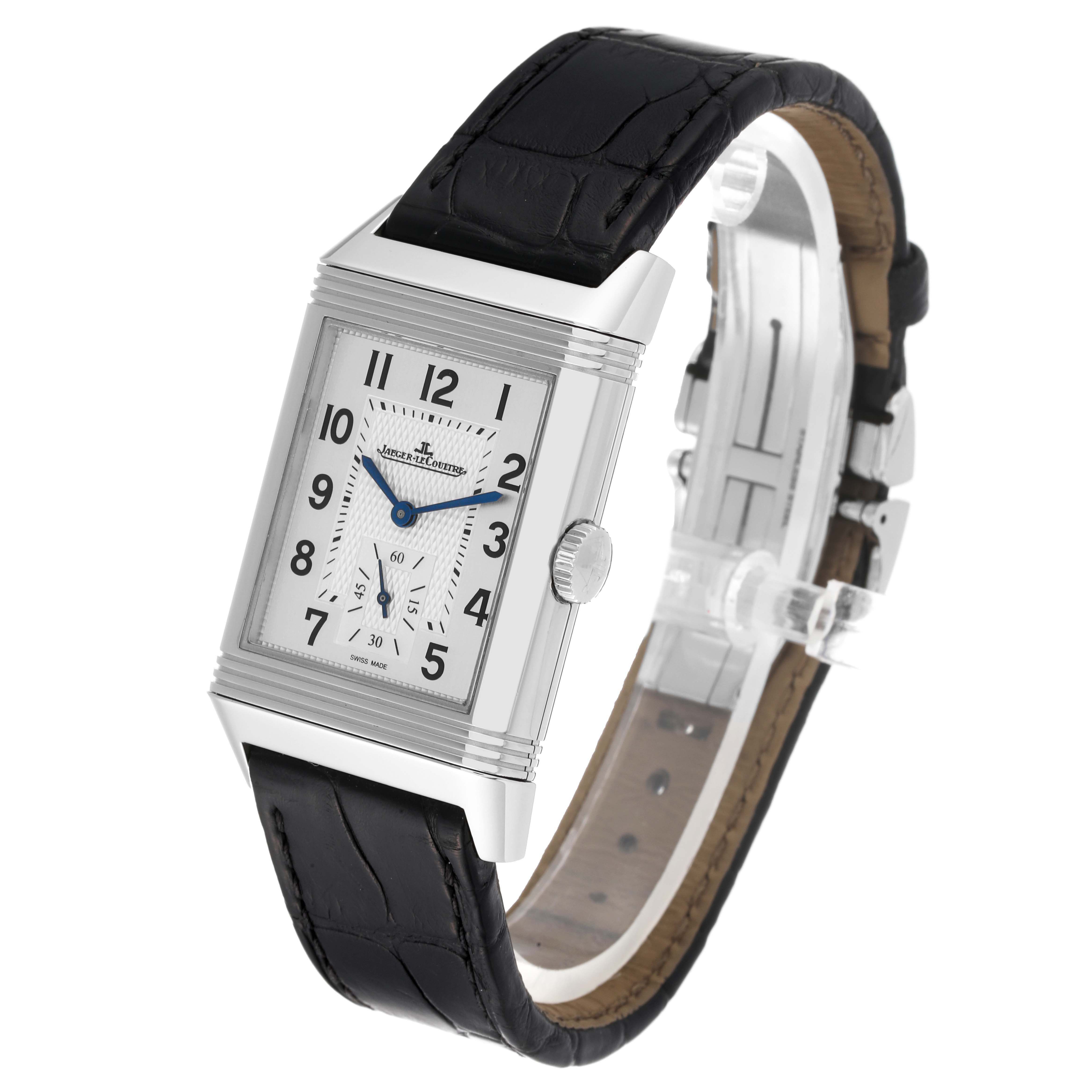 The Jaeger LeCoultre Reverso Q3848420 Men's Stainless Steel Silver Dial Q3848420 Men's Stainless Steel Silver Dial watch is shown from a front-side angle, highlighting its rectangular case, dial, crown, and leather strap.