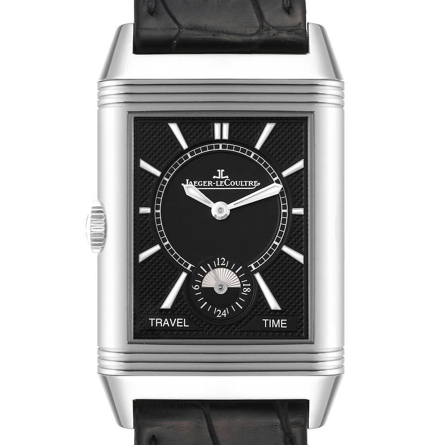 This image shows a front view of a Jaeger-LeCoultre Reverso watch, highlighting the dial, hands, and strap.