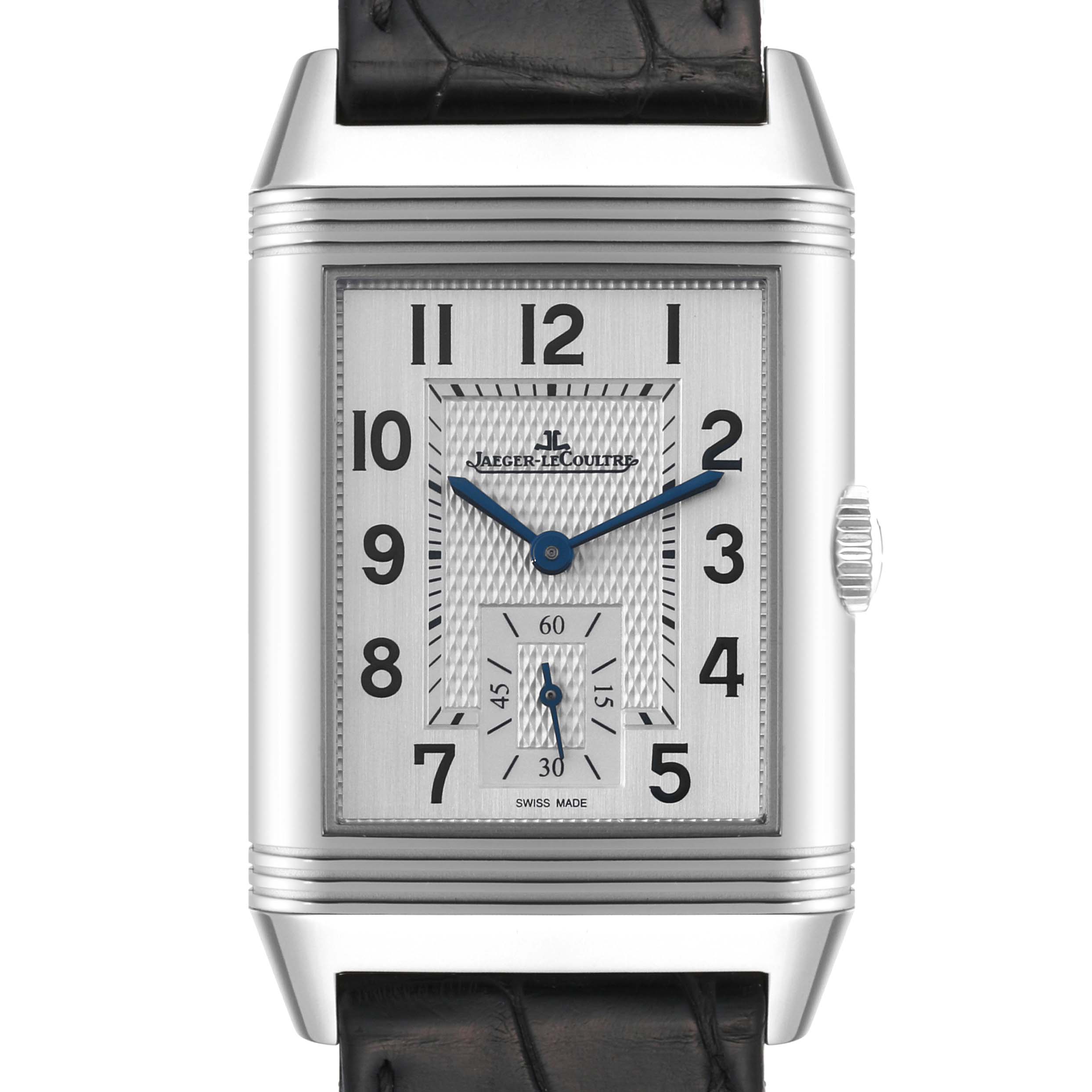 The image shows a frontal view of a Jaeger LeCoultre Reverso Q3848420 Men's Stainless Steel Silver Dial Q3848420 Men's Stainless Steel Silver Dial watch, highlighting the dial, hour markers, hands, and crown.