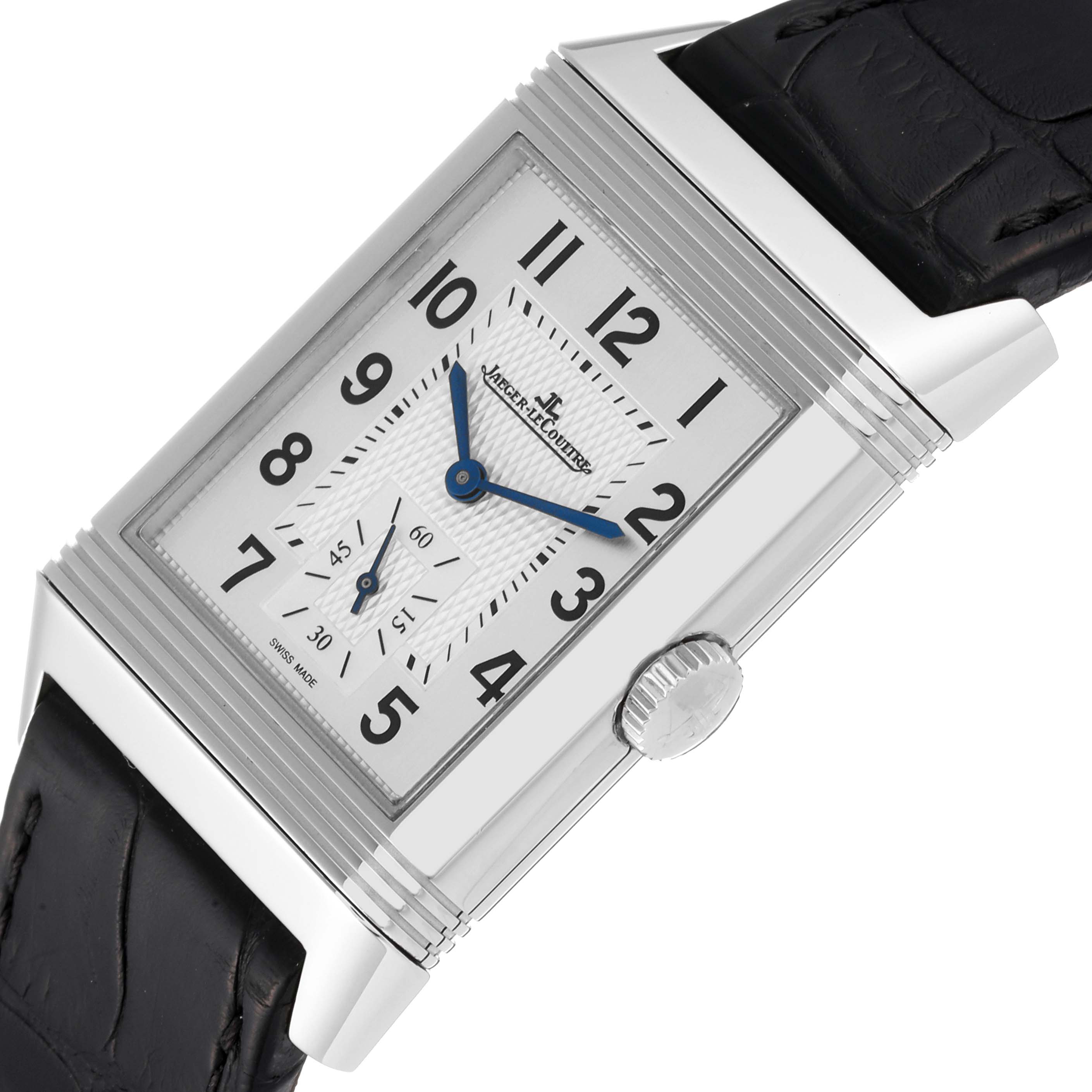 This image shows a close-up of the Jaeger-LeCoultre Reverso watch face and crown from an angled top view.