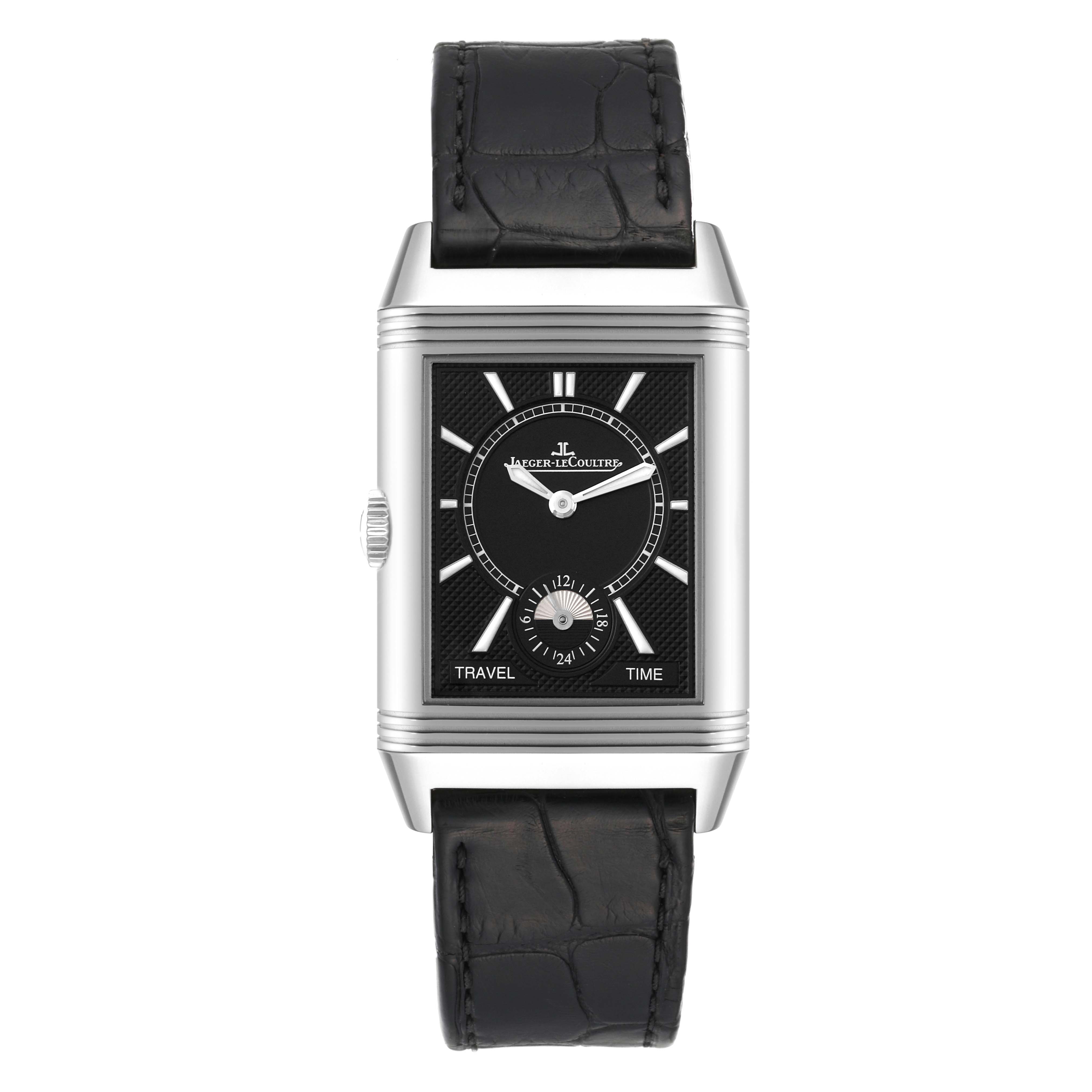 The image shows a front view of the Jaeger LeCoultre Reverso Q3848420 Men's Stainless Steel Silver Dial Q3848420 Men's Stainless Steel Silver Dial watch, displaying its rectangular face and black leather strap.