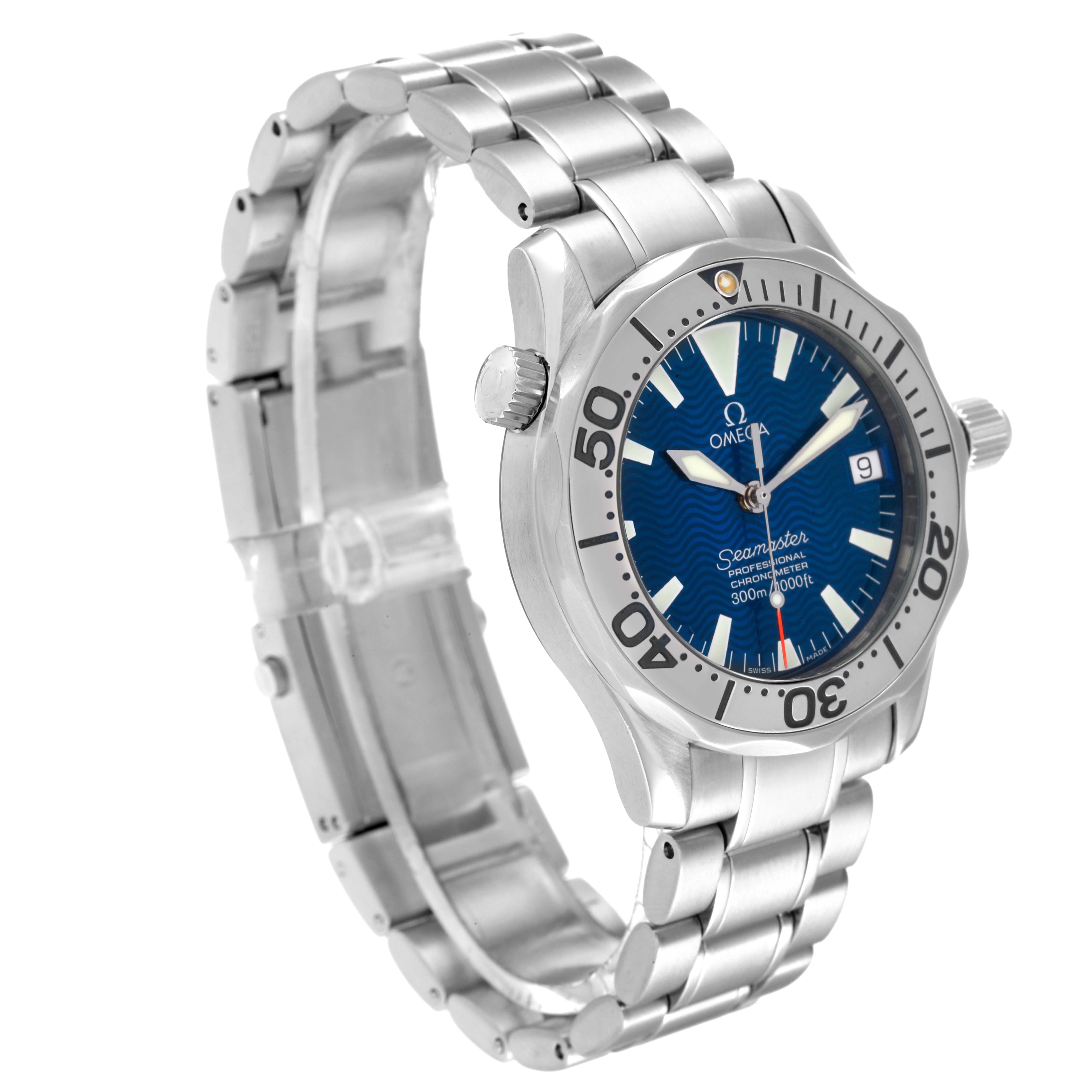 The image shows an angled view of the Omega Seamaster 2253.80.00 Men's Stainless Steel Blue Dial 2253.80.00 Men's Stainless Steel Blue Dial watch, highlighting the bracelet, bezel, and face with a blue dial.