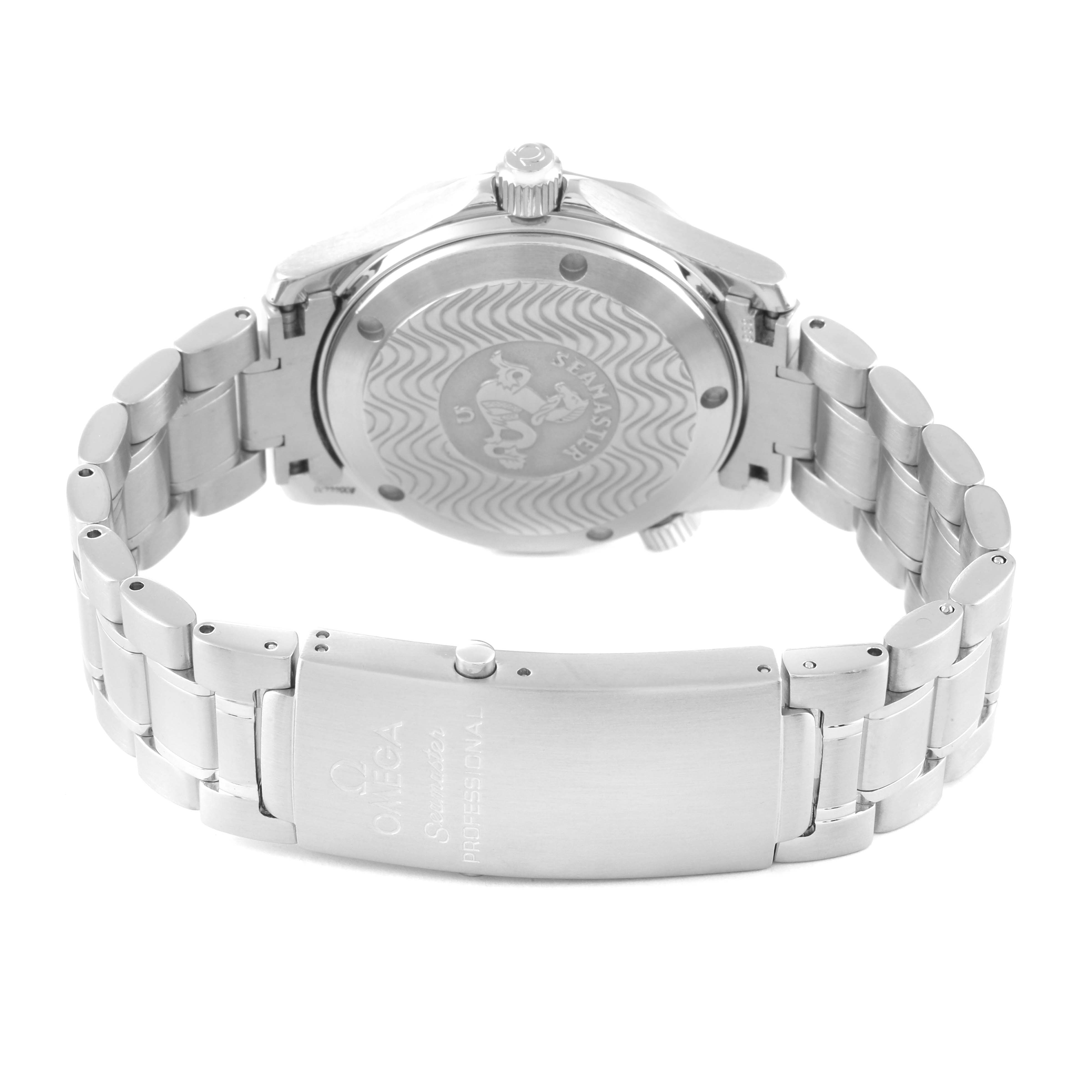 This image shows the back and bracelet of an Omega Seamaster 2253.80.00 Men's Stainless Steel Blue Dial 2253.80.00 Men's Stainless Steel Blue Dial watch with the case back and clasp visible.