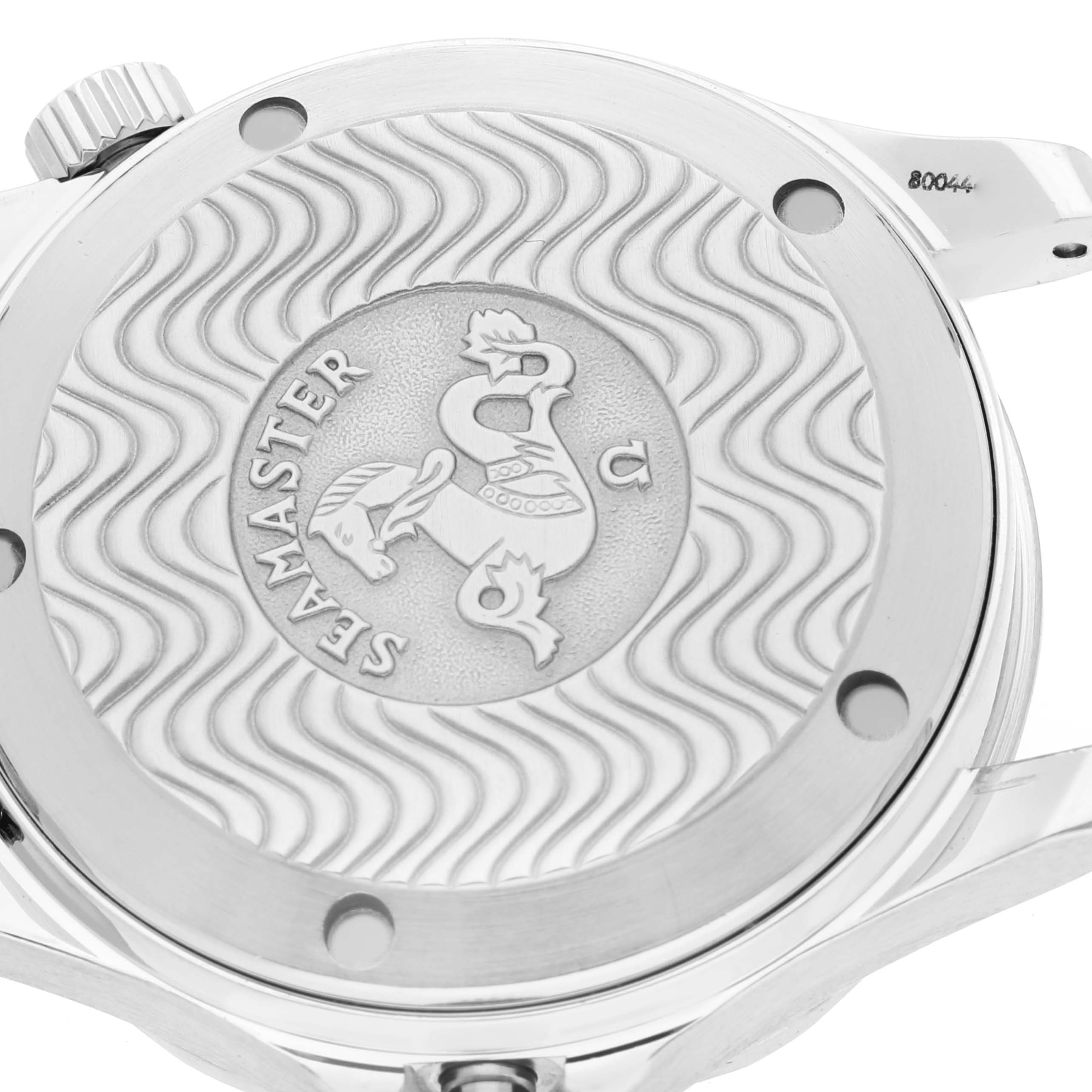 The image shows the back case of an Omega Seamaster 2253.80.00 Men's Stainless Steel Blue Dial 2253.80.00 Men's Stainless Steel Blue Dial watch, highlighting its embossed seahorse design and wavy pattern.