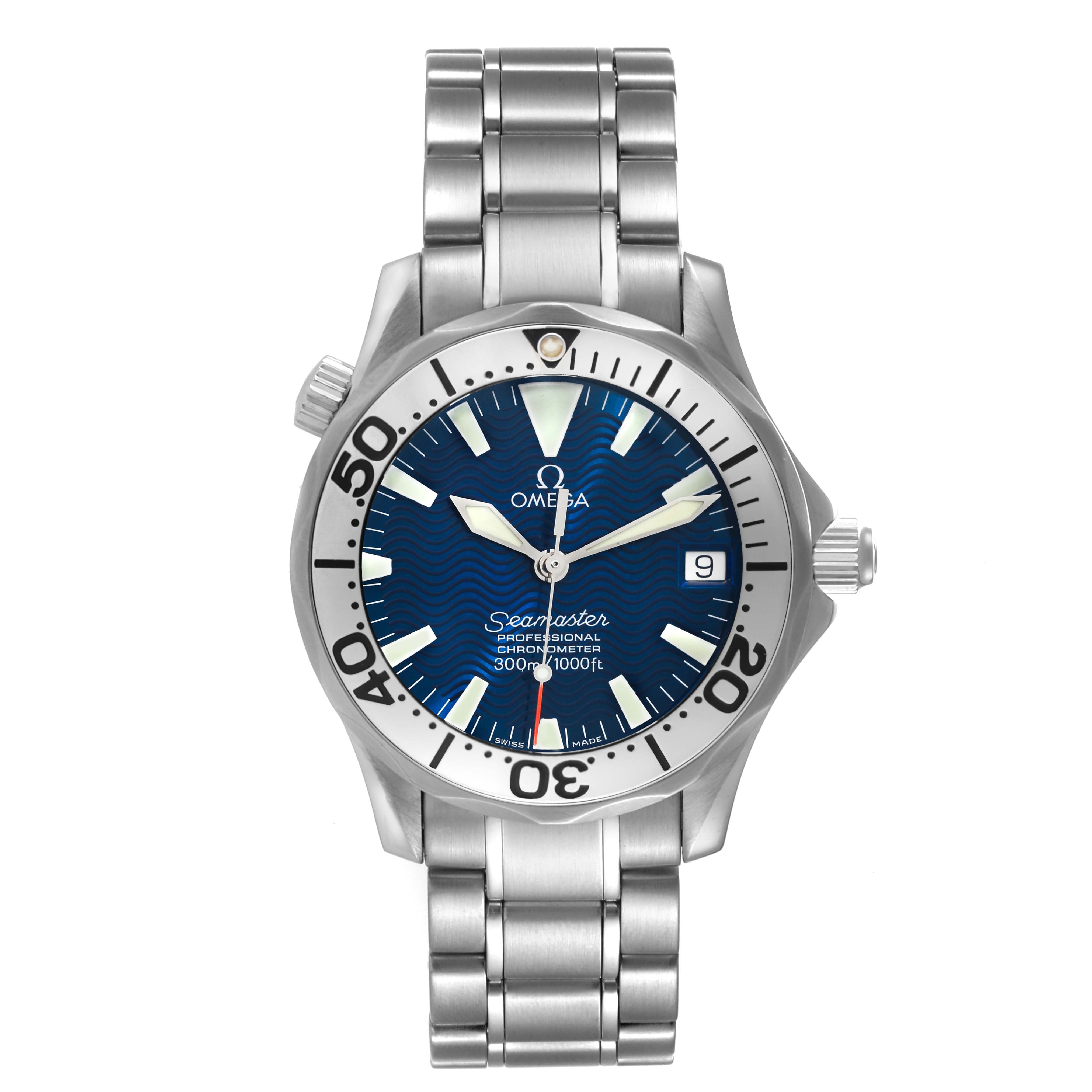 The image shows a front view of an Omega Seamaster 2253.80.00 Men's Stainless Steel Blue Dial 2253.80.00 Men's Stainless Steel Blue Dial watch, displaying the dial, bezel, and bracelet.