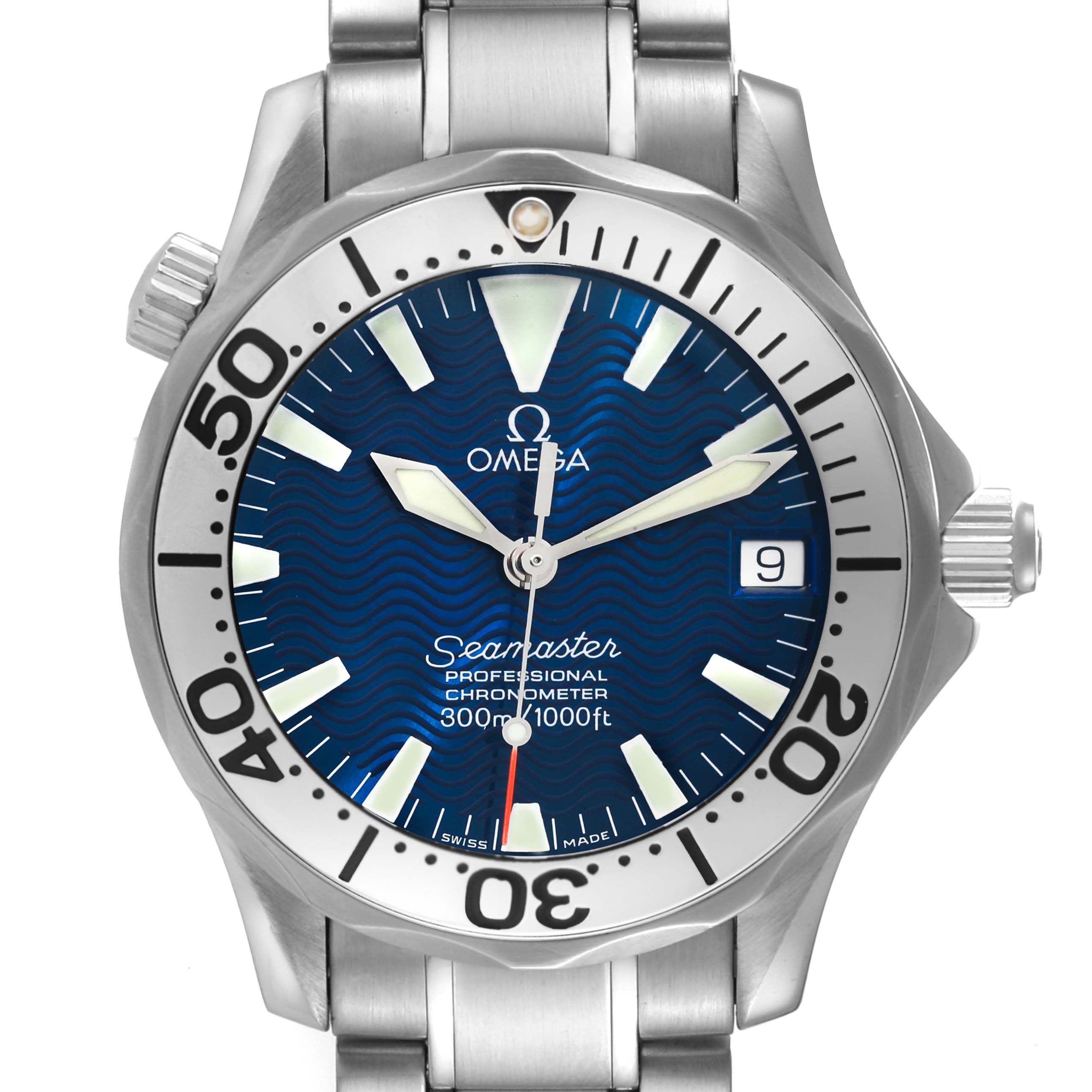 This image shows a front view of an Omega Seamaster 2253.80.00 Men's Stainless Steel Blue Dial 2253.80.00 Men's Stainless Steel Blue Dial watch, highlighting its blue dial, rotating bezel, and stainless steel bracelet.