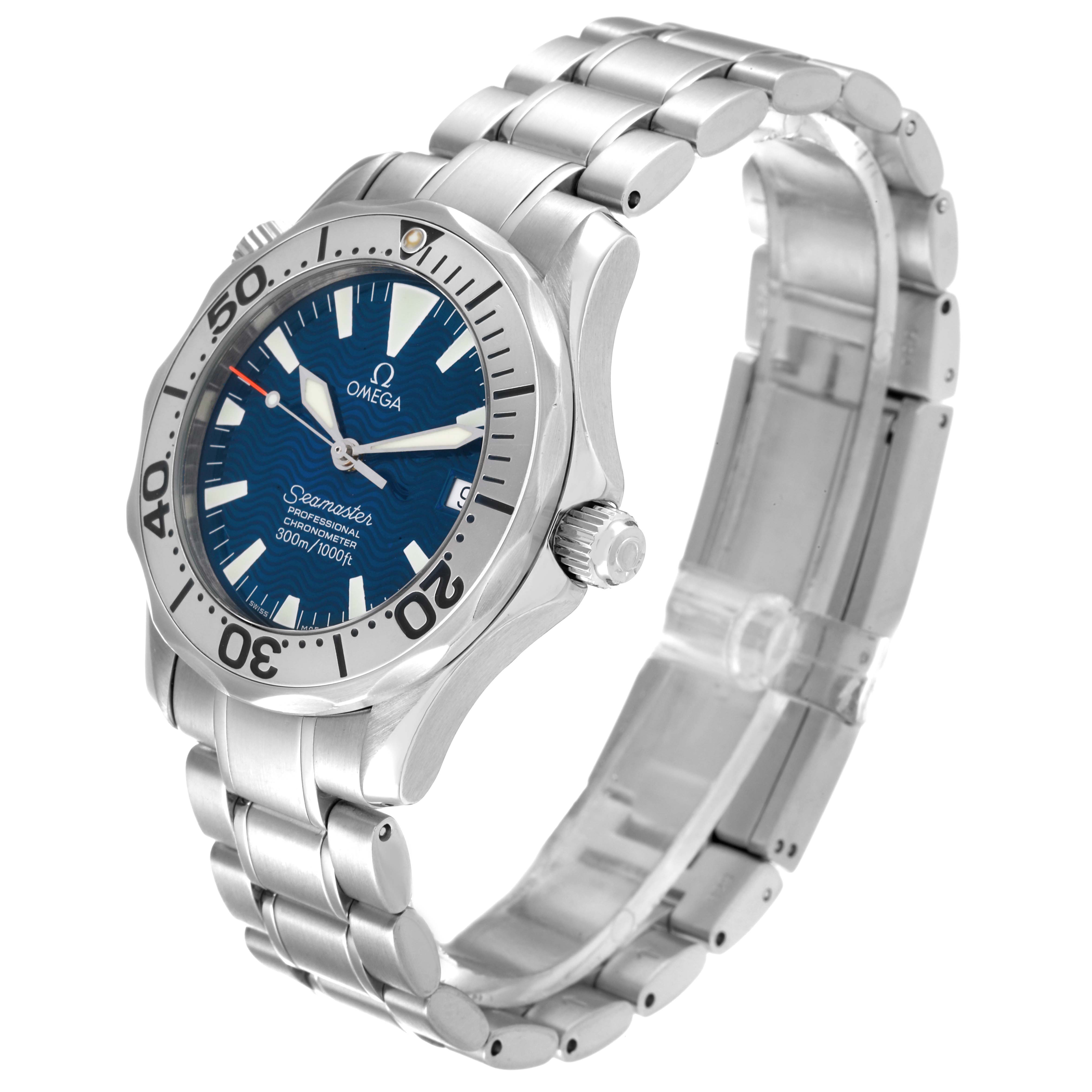 The image shows the front and side view of an Omega Seamaster 2253.80.00 Men's Stainless Steel Blue Dial 2253.80.00 Men's Stainless Steel Blue Dial watch with a blue dial and metal bracelet.