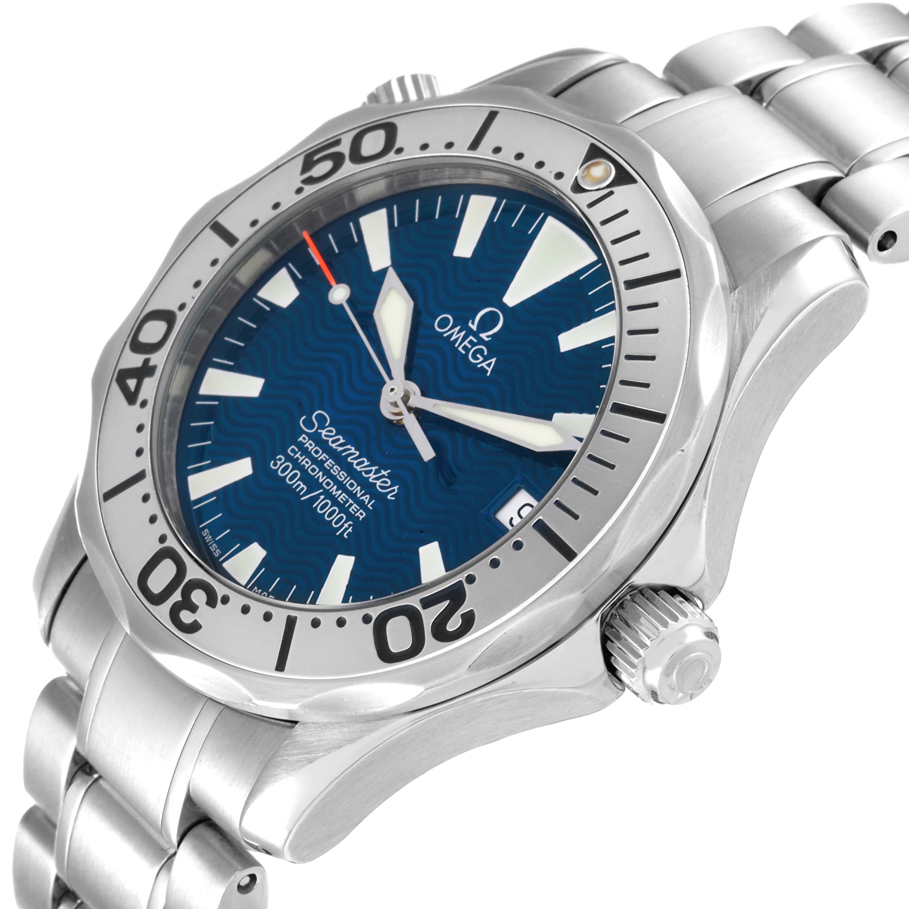 This image shows an Omega Seamaster 2253.80.00 Men's Stainless Steel Blue Dial 2253.80.00 Men's Stainless Steel Blue Dial watch at an angle highlighting its face, bezel, crown, and part of the bracelet.