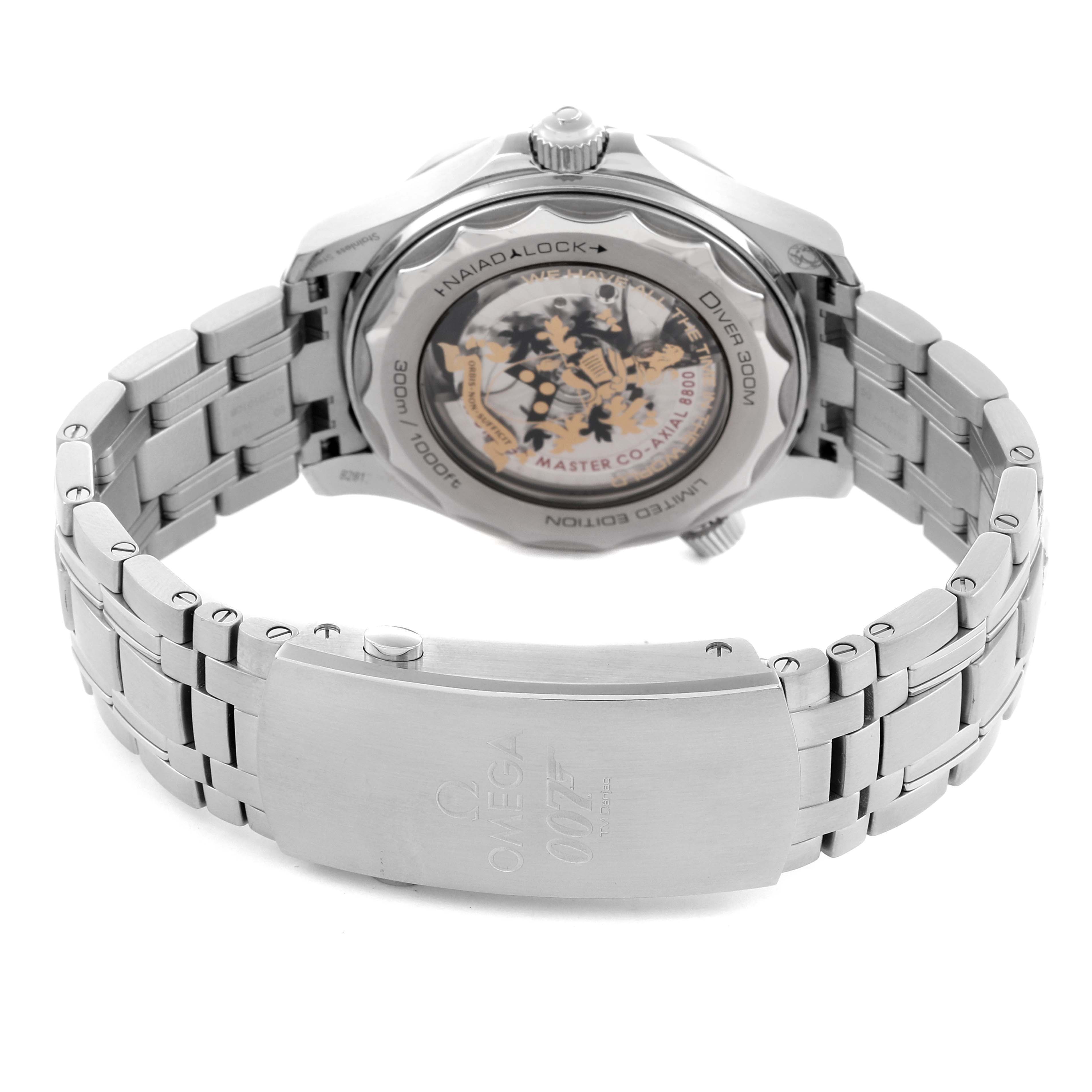 The image shows the back and bracelet of the Omega Seamaster 210.22.42.20.01.004 Men
s Stainless Steel Black Dial 210.22.42.20.01.004 Men
s Stainless Steel Black Dial, highlighting the clasp and transparent case back with movement details.