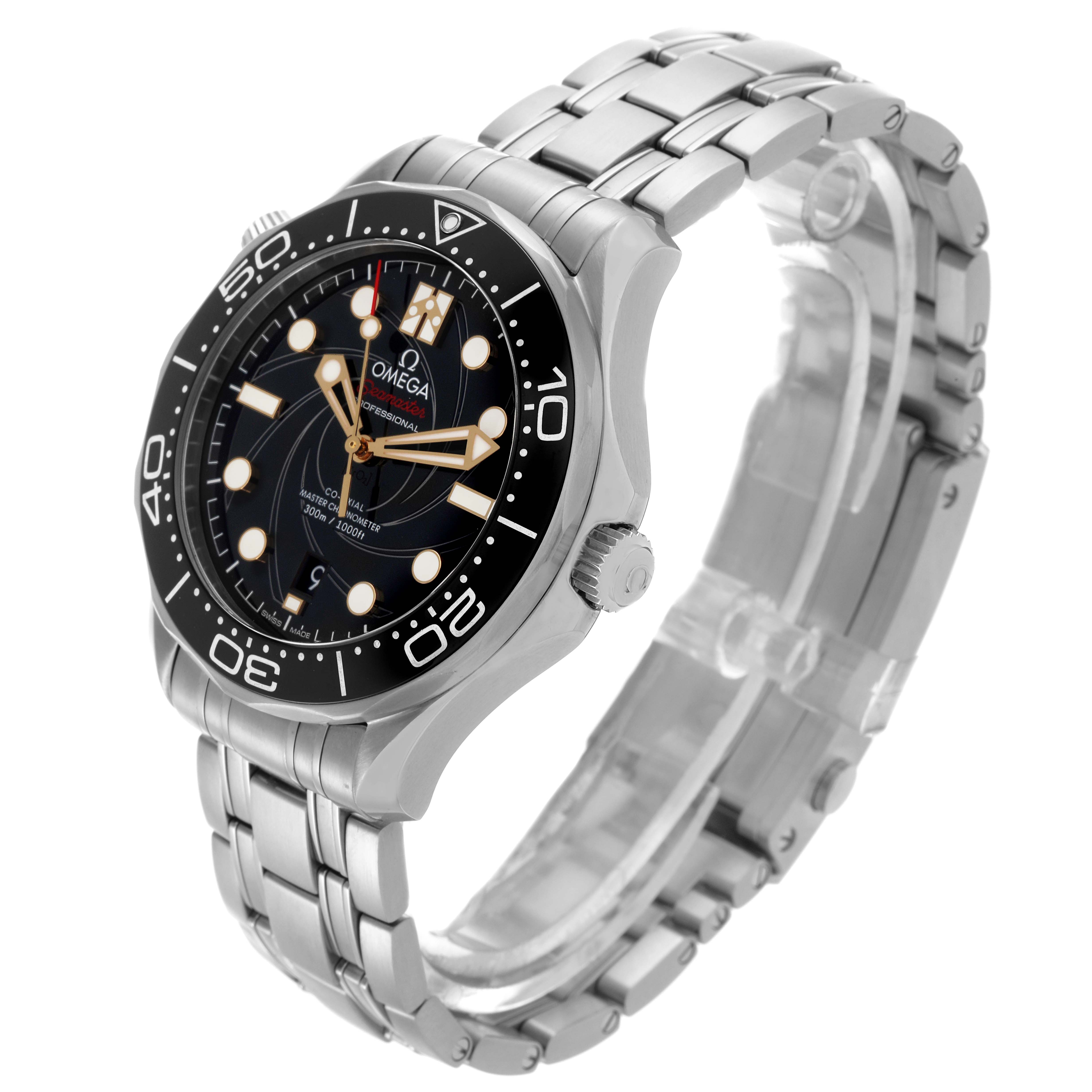 The Omega Seamaster 210.22.42.20.01.004 Men
s Stainless Steel Black Dial 210.22.42.20.01.004 Men
s Stainless Steel Black Dial watch is shown from a front angled view, highlighting the dial, bezel, and stainless steel bracelet.