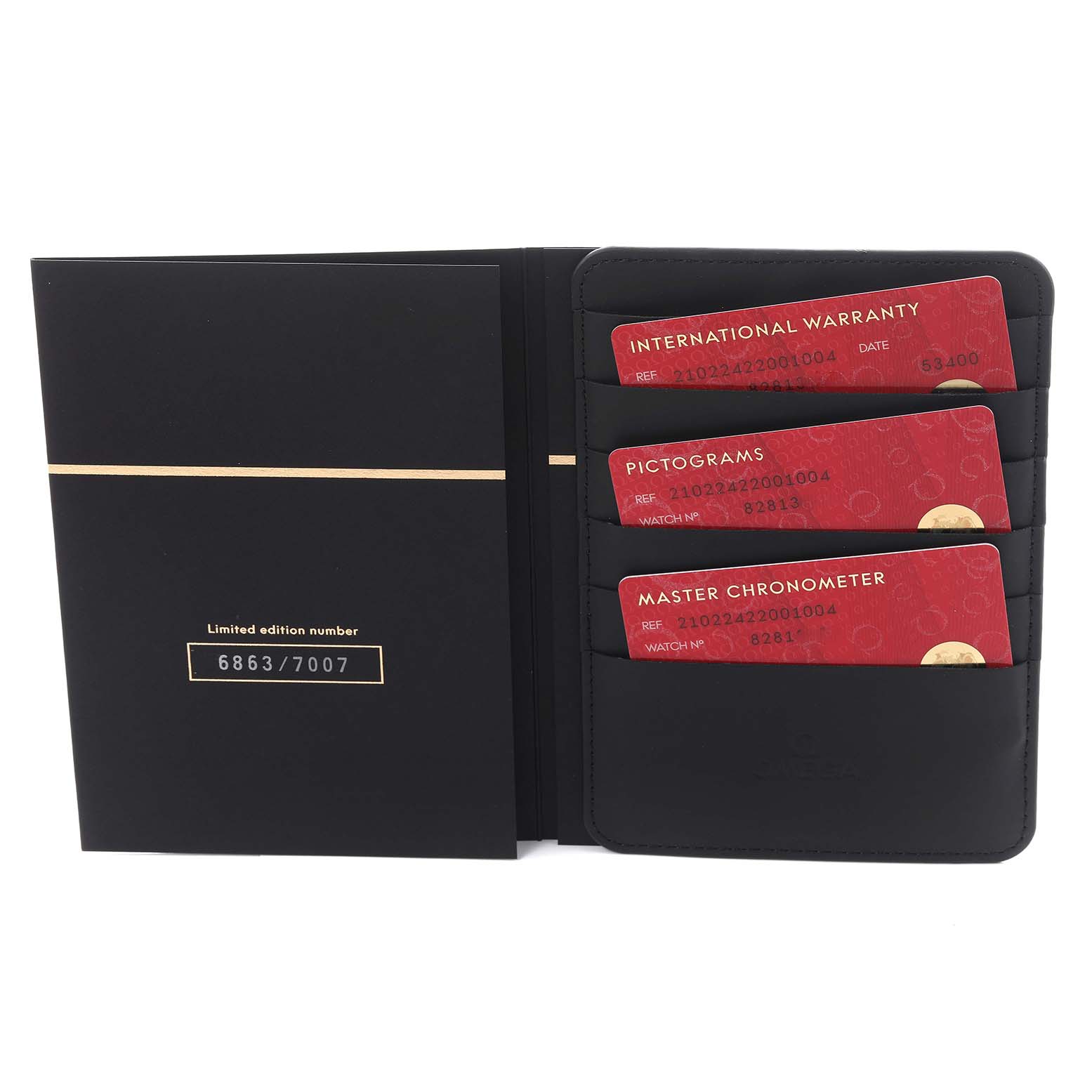 The image shows a limited edition card case for the Omega Seamaster 210.22.42.20.01.004 Men
s Stainless Steel Black Dial 210.22.42.20.01.004 Men
s Stainless Steel Black Dial, displaying warranty and certification cards.