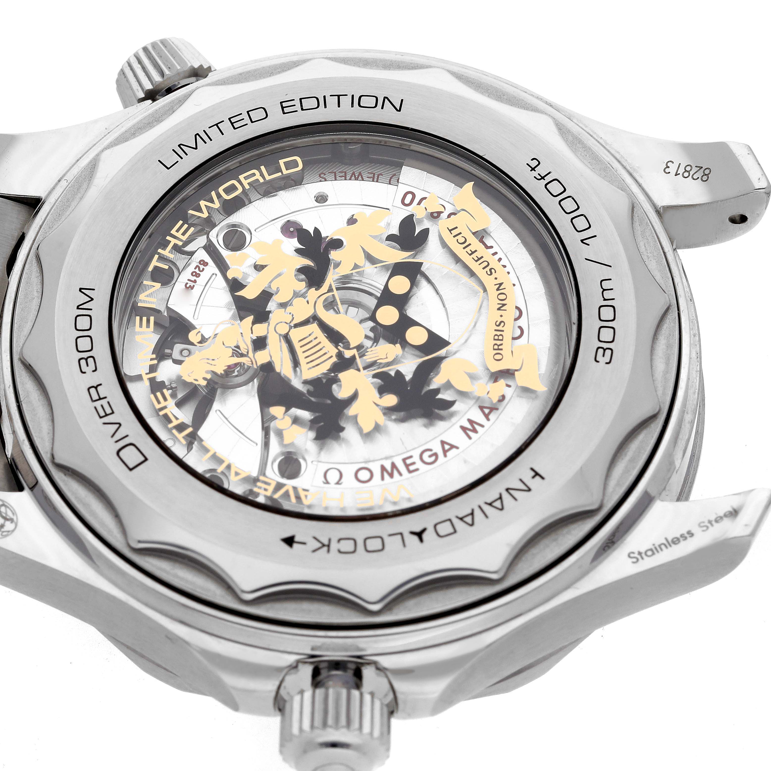 The image shows the back case of an Omega Seamaster 210.22.42.20.01.004 Men
s Stainless Steel Black Dial 210.22.42.20.01.004 Men
s Stainless Steel Black Dial watch from a slightly angled perspective, revealing the limited edition engravings and inner mechanism.