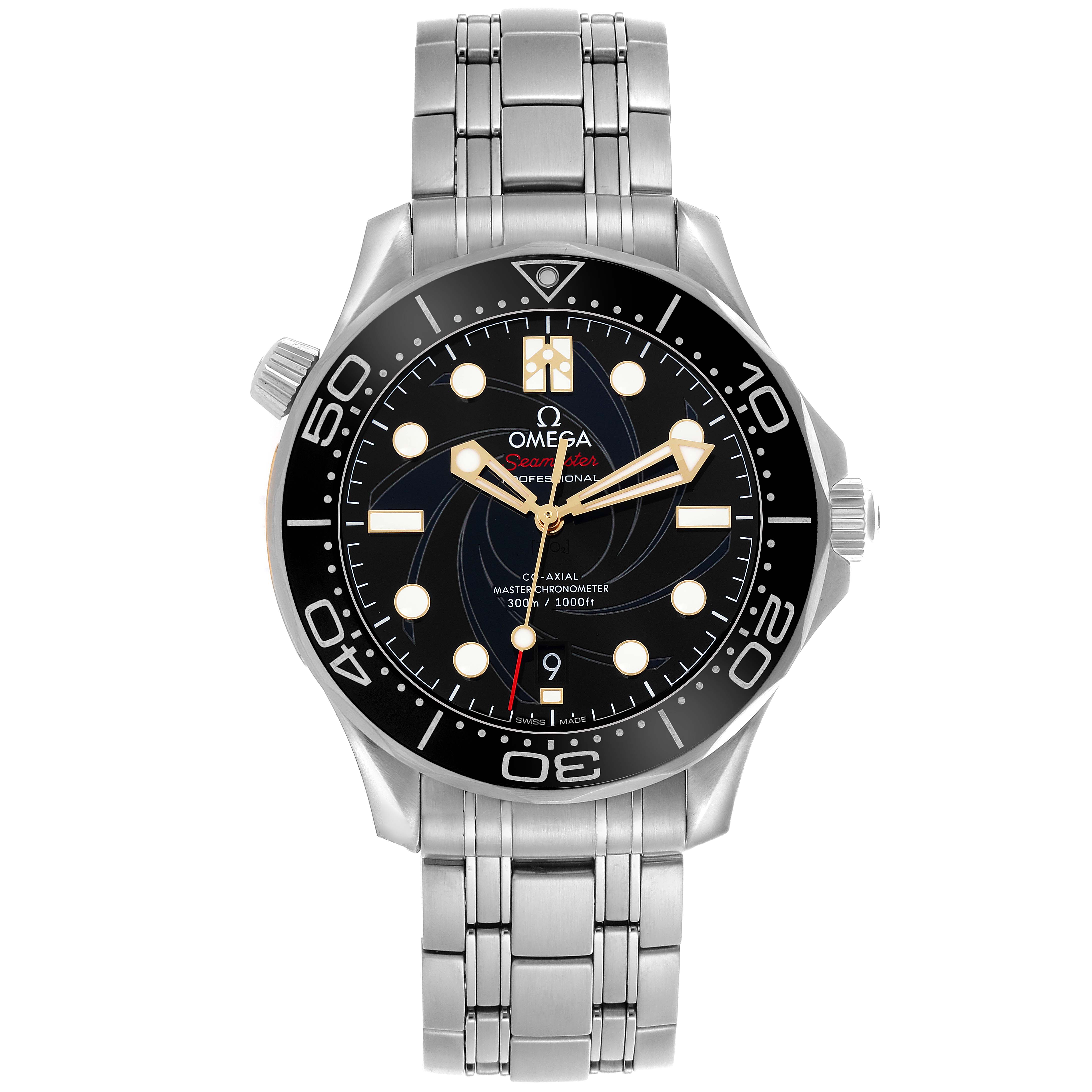 The Omega Seamaster 210.22.42.20.01.004 Men
s Stainless Steel Black Dial 210.22.42.20.01.004 Men
s Stainless Steel Black Dial watch is shown from a front angle, displaying the dial, bezel, and bracelet.