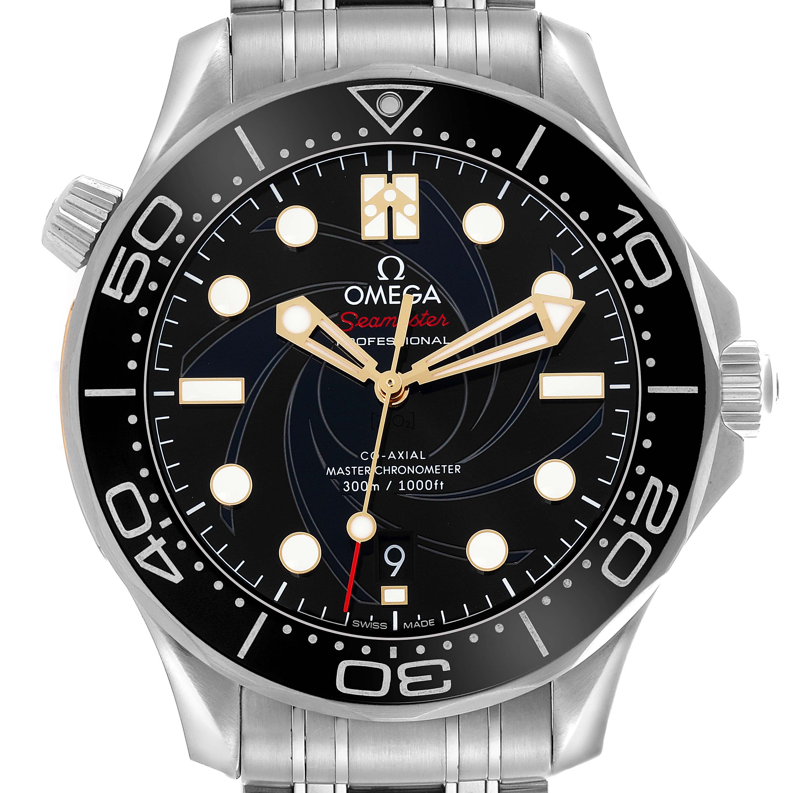 The Omega Seamaster 210.22.42.20.01.004 Men
s Stainless Steel Black Dial 210.22.42.20.01.004 Men
s Stainless Steel Black Dial watch is shown from a frontal angle, displaying the face, bezel, and part of the bracelet.