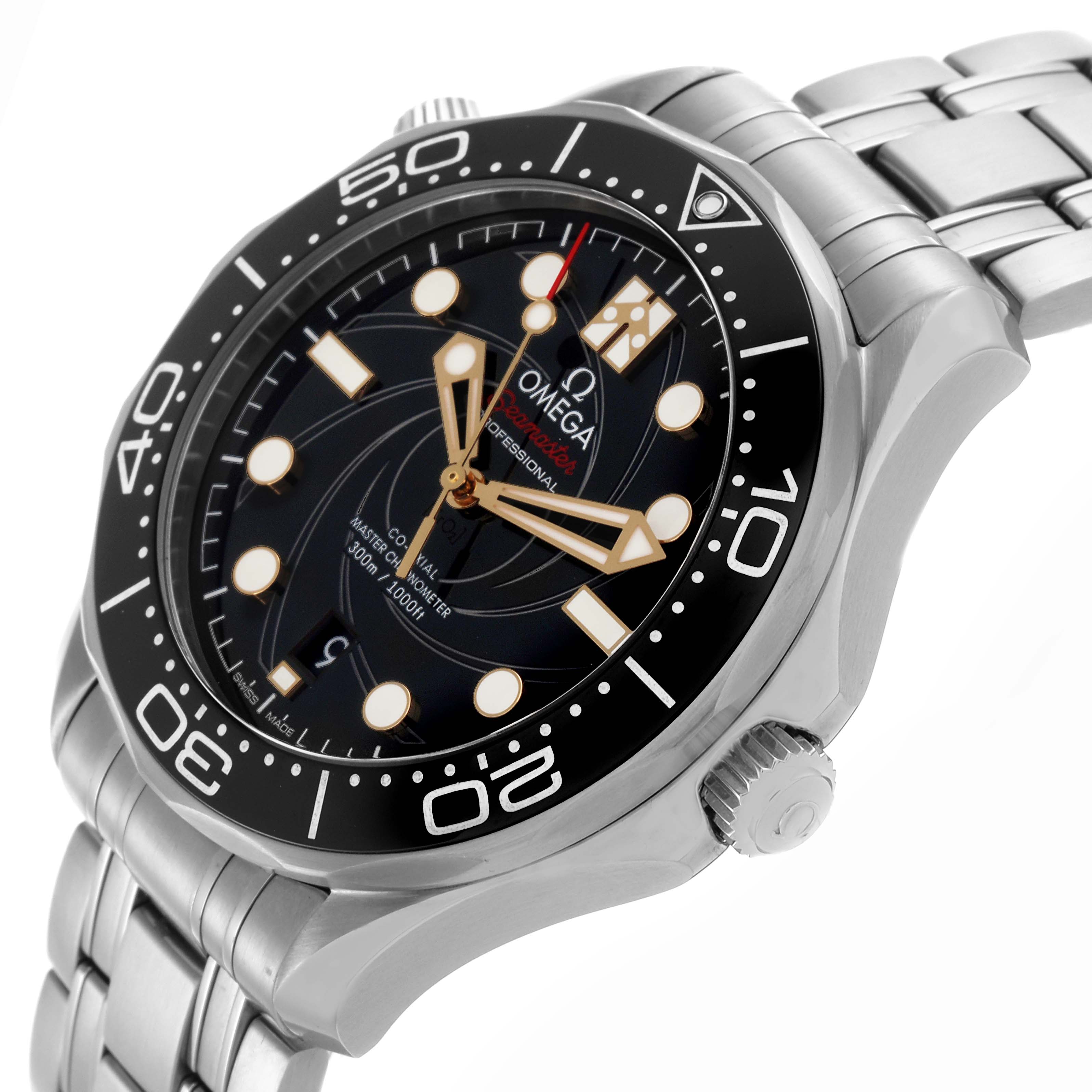 The Omega Seamaster 210.22.42.20.01.004 Men
s Stainless Steel Black Dial 210.22.42.20.01.004 Men
s Stainless Steel Black Dial watch is shown at an angled view highlighting the dial, bezel, crown, and bracelet.