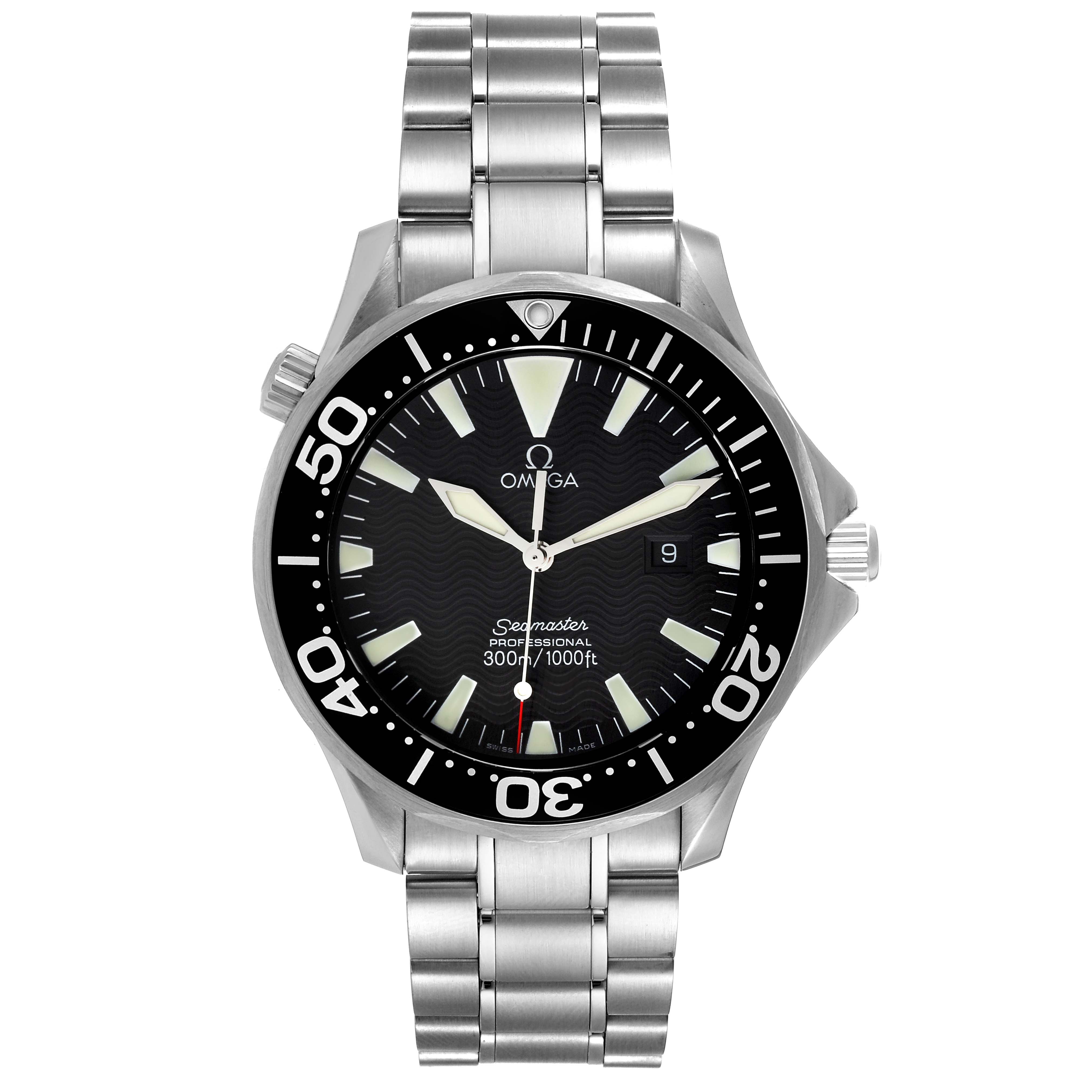 This image shows a front view of an Omega Seamaster 2264.50.00 Men's Stainless Steel Black Dial 2264.50.00 Men's Stainless Steel Black Dial watch, displaying its face, bezel, and bracelet.