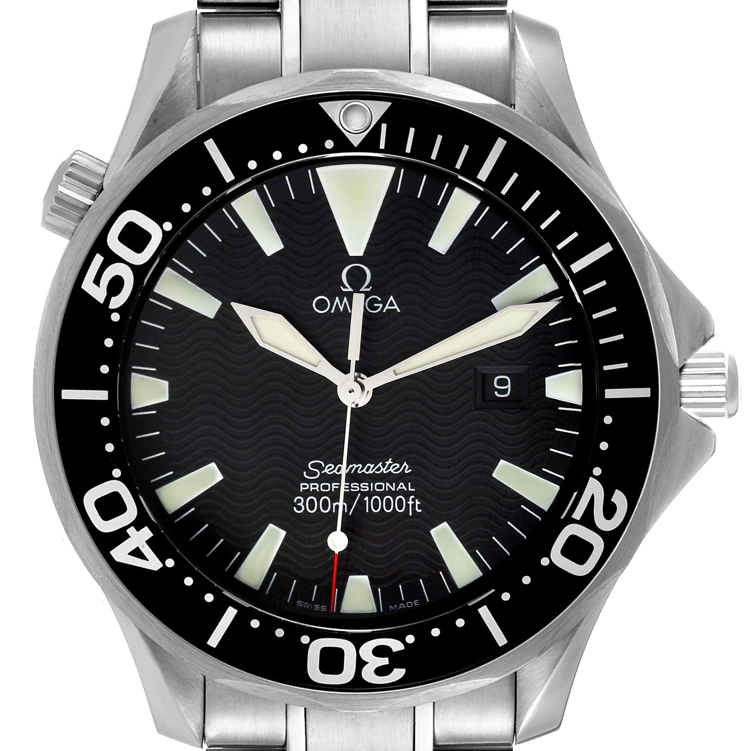 The image shows a front view of the Omega Seamaster 2264.50.00 Men's Stainless Steel Black Dial 2264.50.00 Men's Stainless Steel Black Dial watch, highlighting the dial, bezel, and portions of the bracelet.