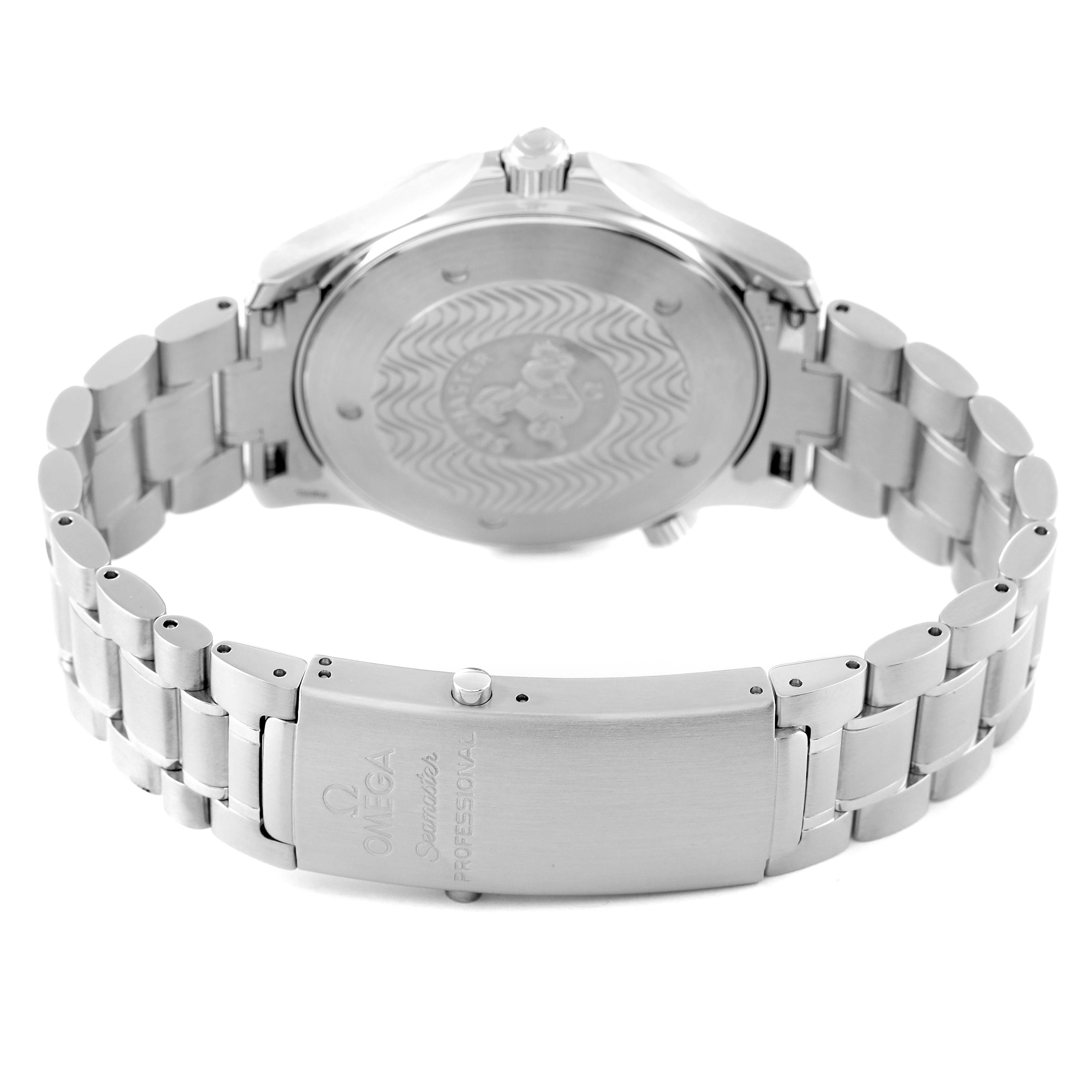 The image shows the back view of an Omega Seamaster 2264.50.00 Men's Stainless Steel Black Dial 2264.50.00 Men's Stainless Steel Black Dial watch, focusing on the case back and metal bracelet with the clasp.