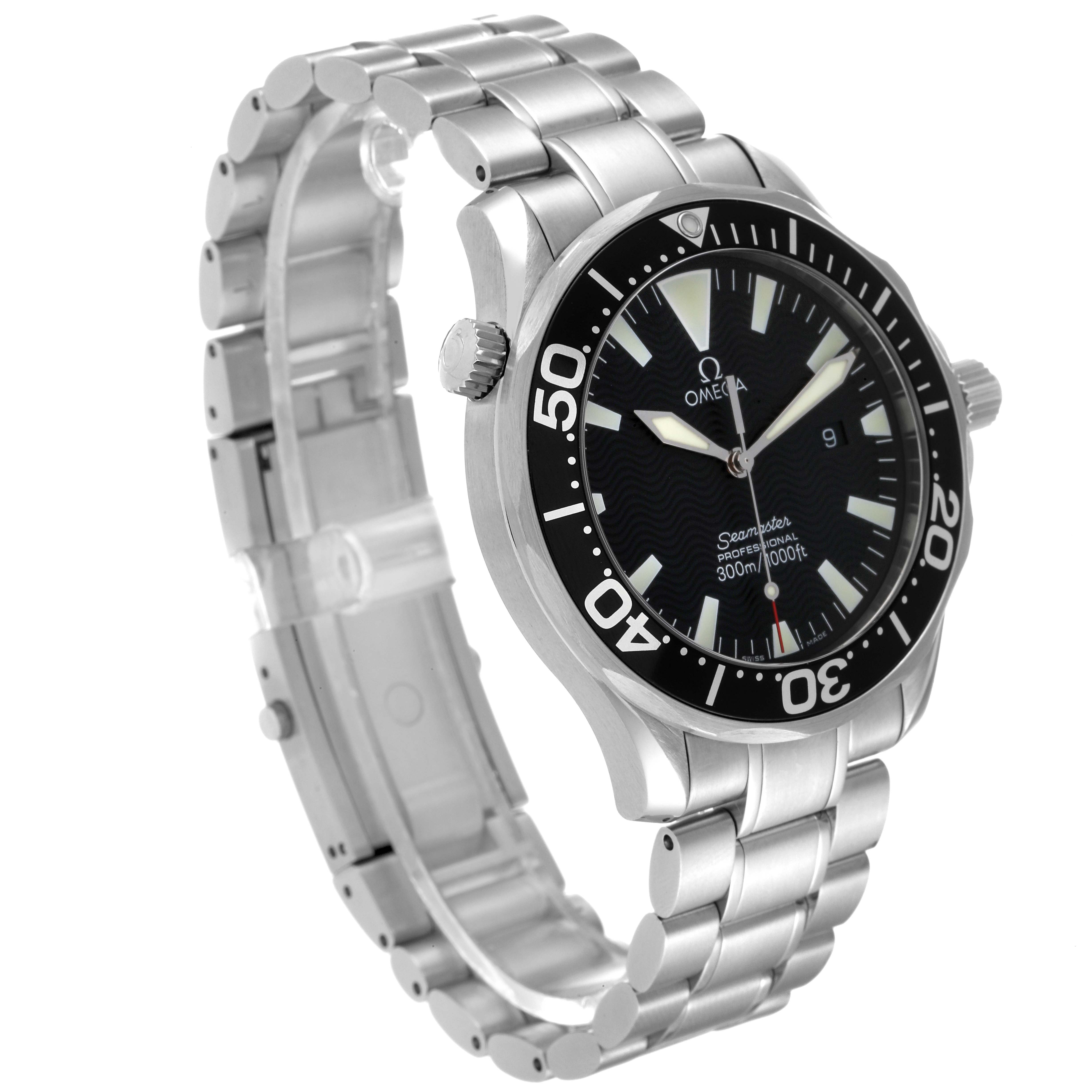 This Omega Seamaster 2264.50.00 Men's Stainless Steel Black Dial 2264.50.00 Men's Stainless Steel Black Dial watch is shown at a side angle, highlighting the dial, bezel, crown, and stainless steel bracelet.