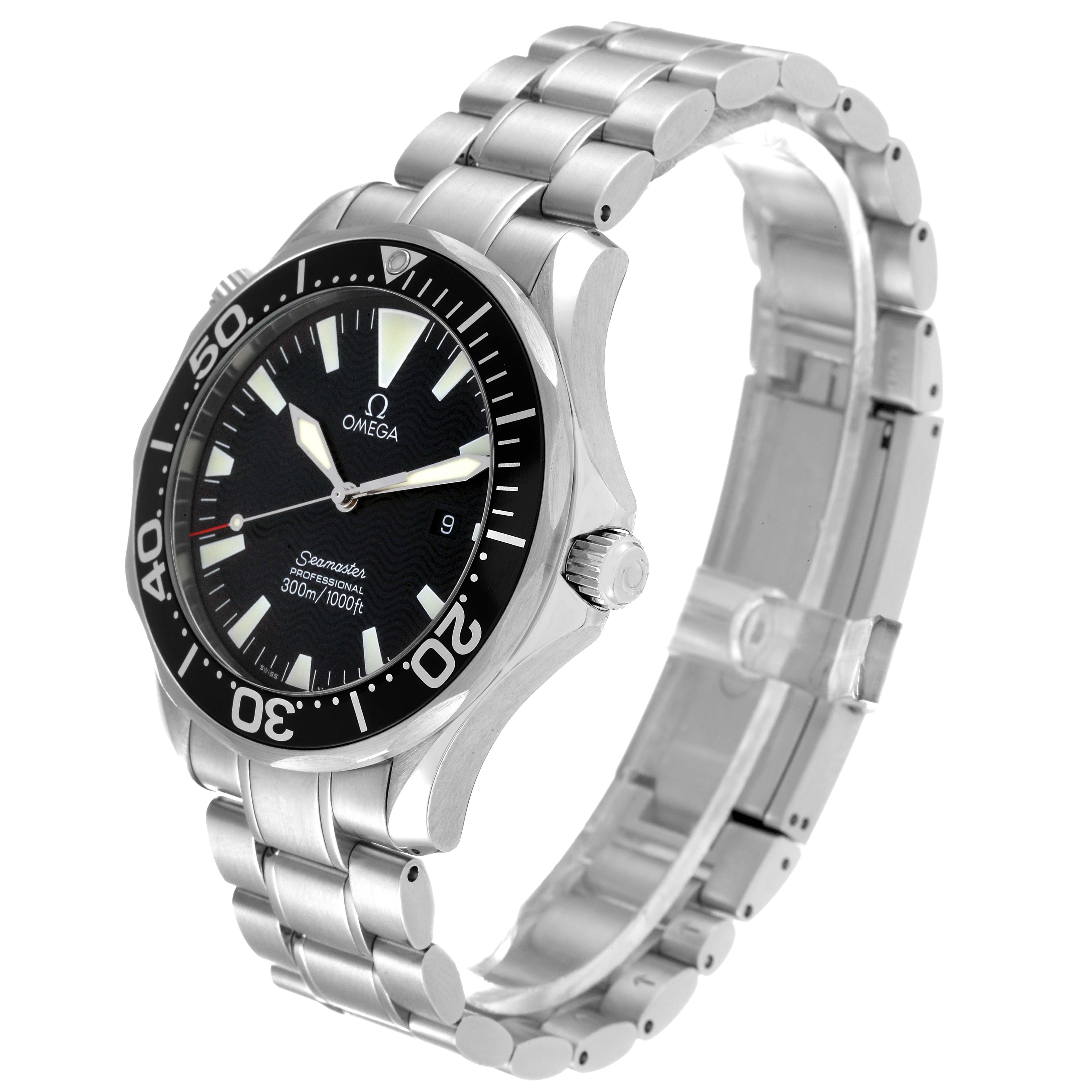 The Omega Seamaster 2264.50.00 Men's Stainless Steel Black Dial 2264.50.00 Men's Stainless Steel Black Dial watch is shown at a slight angle, displaying the face, bezel, crown, and stainless steel bracelet.