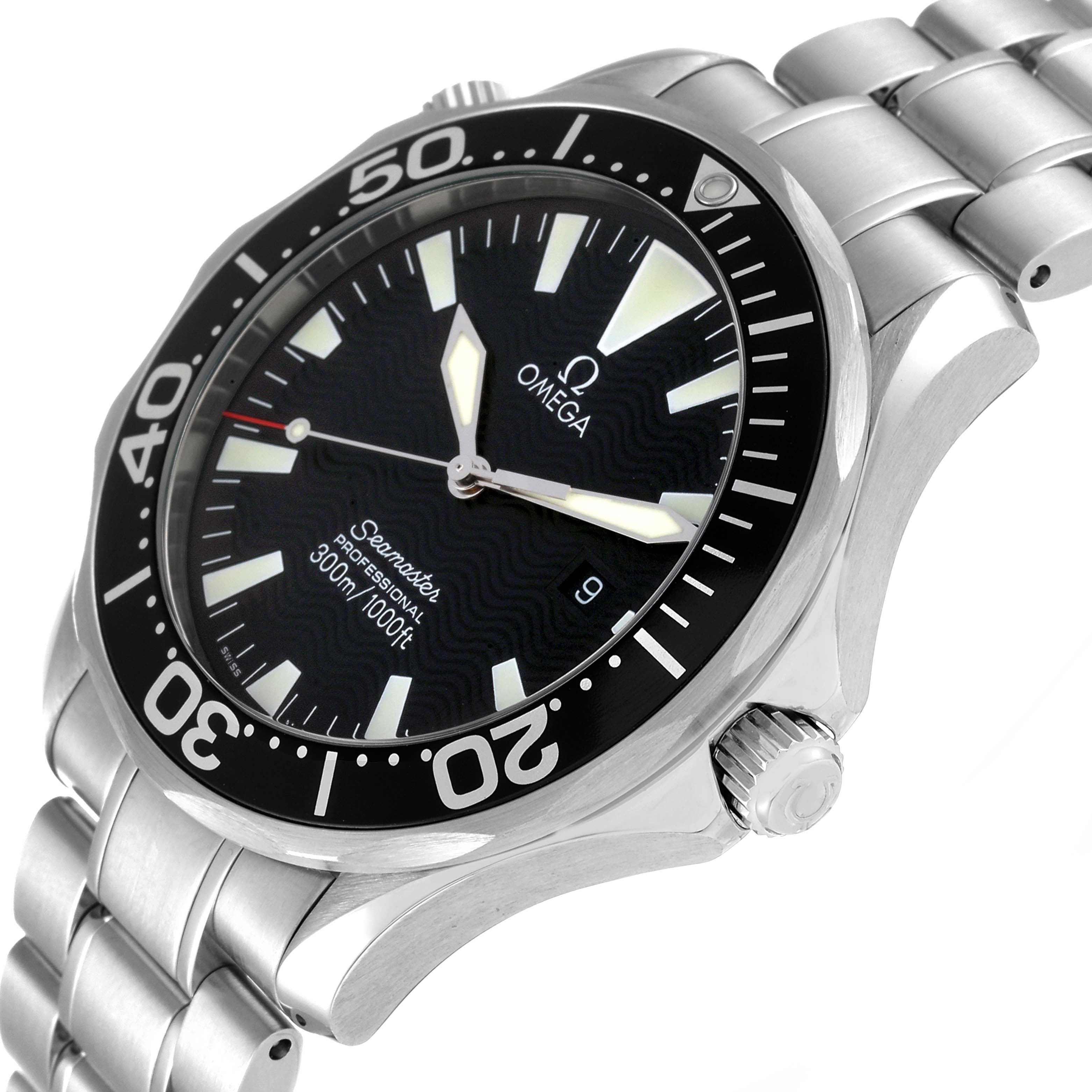 The image shows an Omega Seamaster 2264.50.00 Men's Stainless Steel Black Dial 2264.50.00 Men's Stainless Steel Black Dial watch captured from an angled side view, displaying the face, bezel, crown, and part of the bracelet.