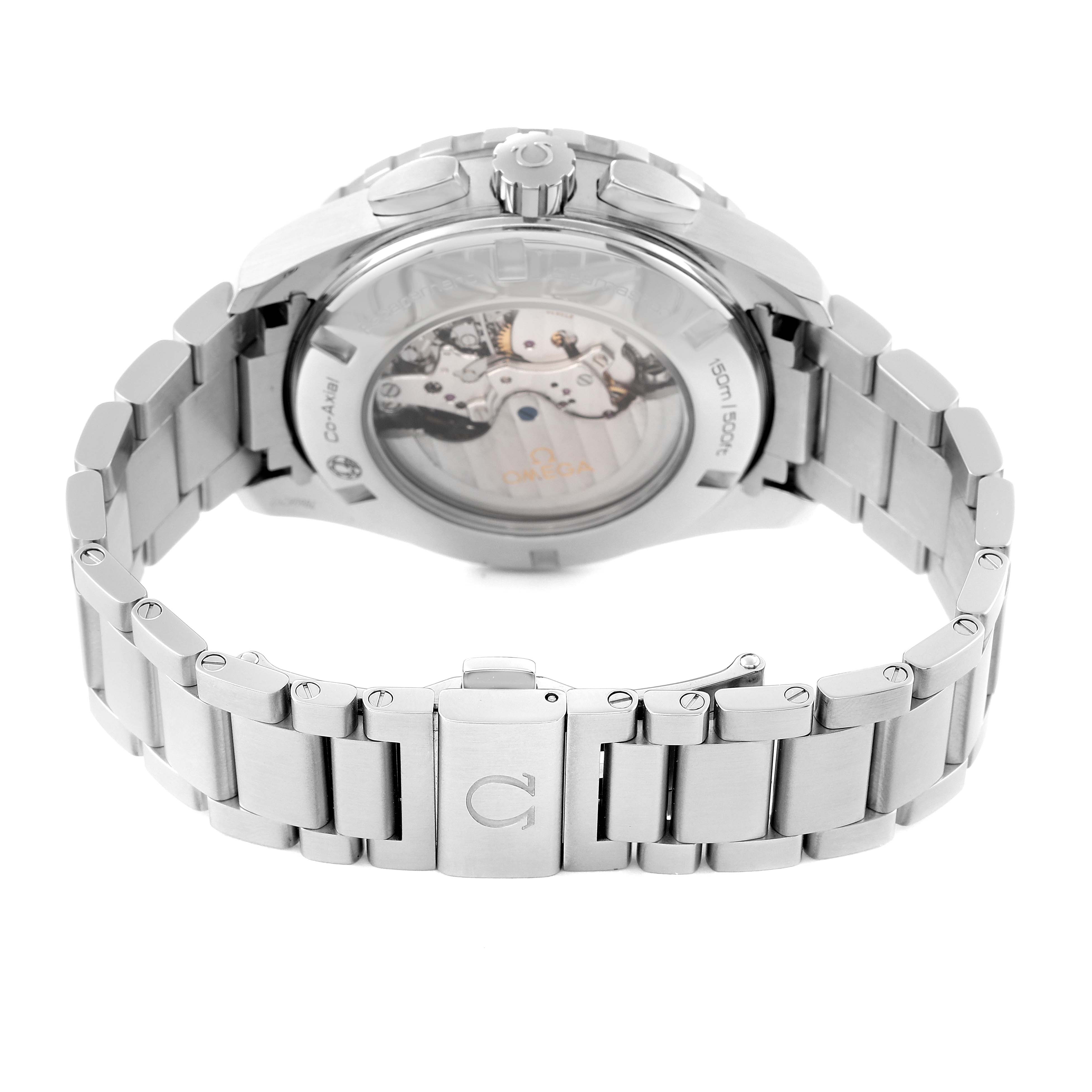 The image shows the back view of the Omega Aqua Terra 231.10.44.52.04.001 Men
s Stainless Steel White Dial 231.10.44.52.04.001 Men
s Stainless Steel White Dial watch, focusing on the stainless steel bracelet and the transparent case back displaying the movement.