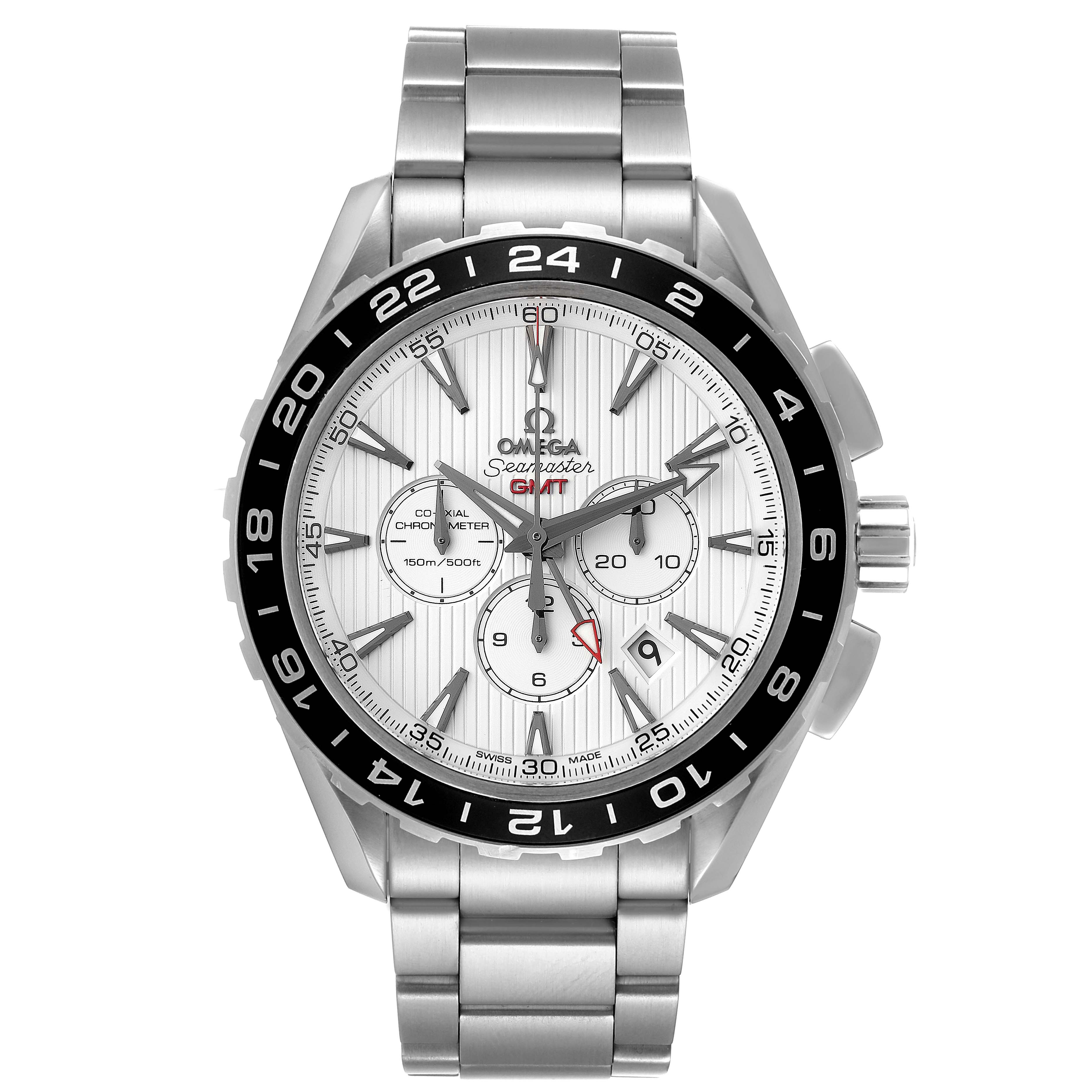 The image shows a front view of the Omega Aqua Terra 231.10.44.52.04.001 Men
s Stainless Steel White Dial 231.10.44.52.04.001 Men
s Stainless Steel White Dial Seamaster GMT watch, featuring its bezel, dial, and bracelet.