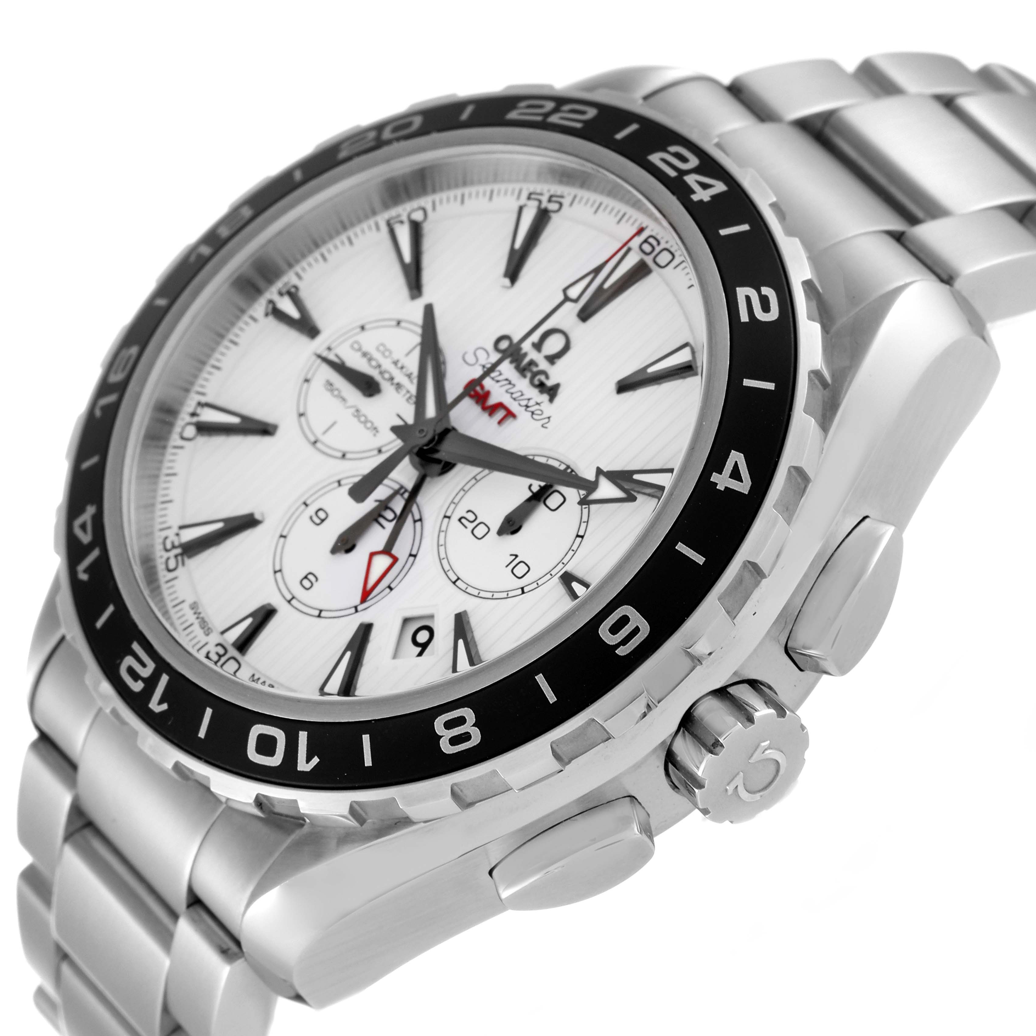 This image shows a side angle of the Omega Aqua Terra 231.10.44.52.04.001 Men
s Stainless Steel White Dial 231.10.44.52.04.001 Men
s Stainless Steel White Dial watch, highlighting its bezel, pushers, and part of the bracelet.