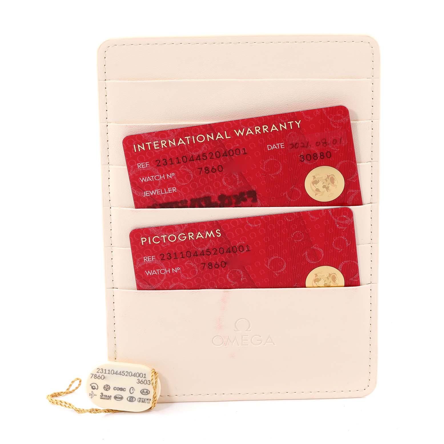 This image shows the warranty cards and certification for the Omega Aqua Terra 231.10.44.52.04.001 Men
s Stainless Steel White Dial 231.10.44.52.04.001 Men
s Stainless Steel White Dial watch.