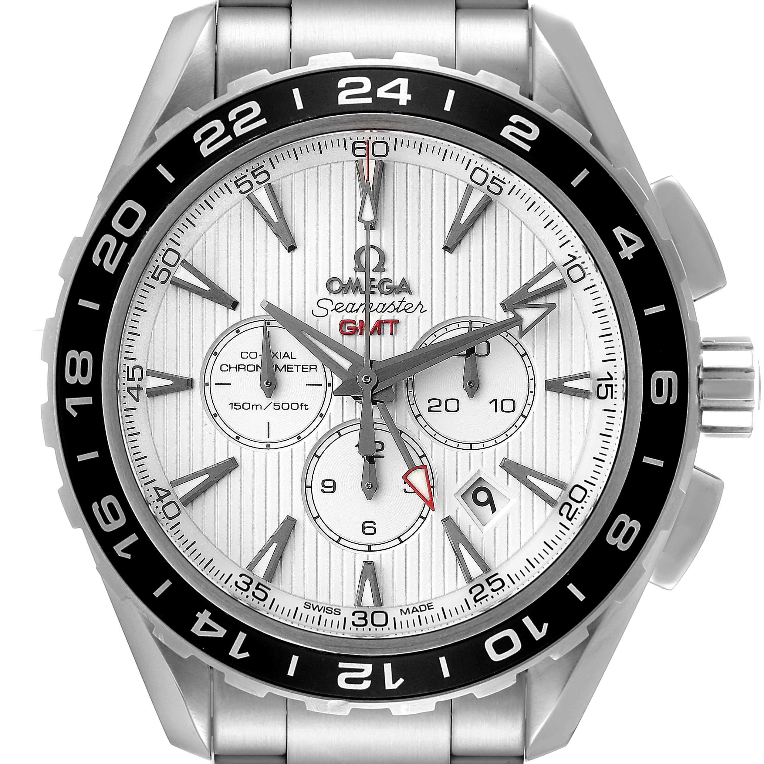 The image shows a front view of the Omega Seamaster Aqua Terra GMT watch, highlighting its face, bezel, and part of the bracelet.