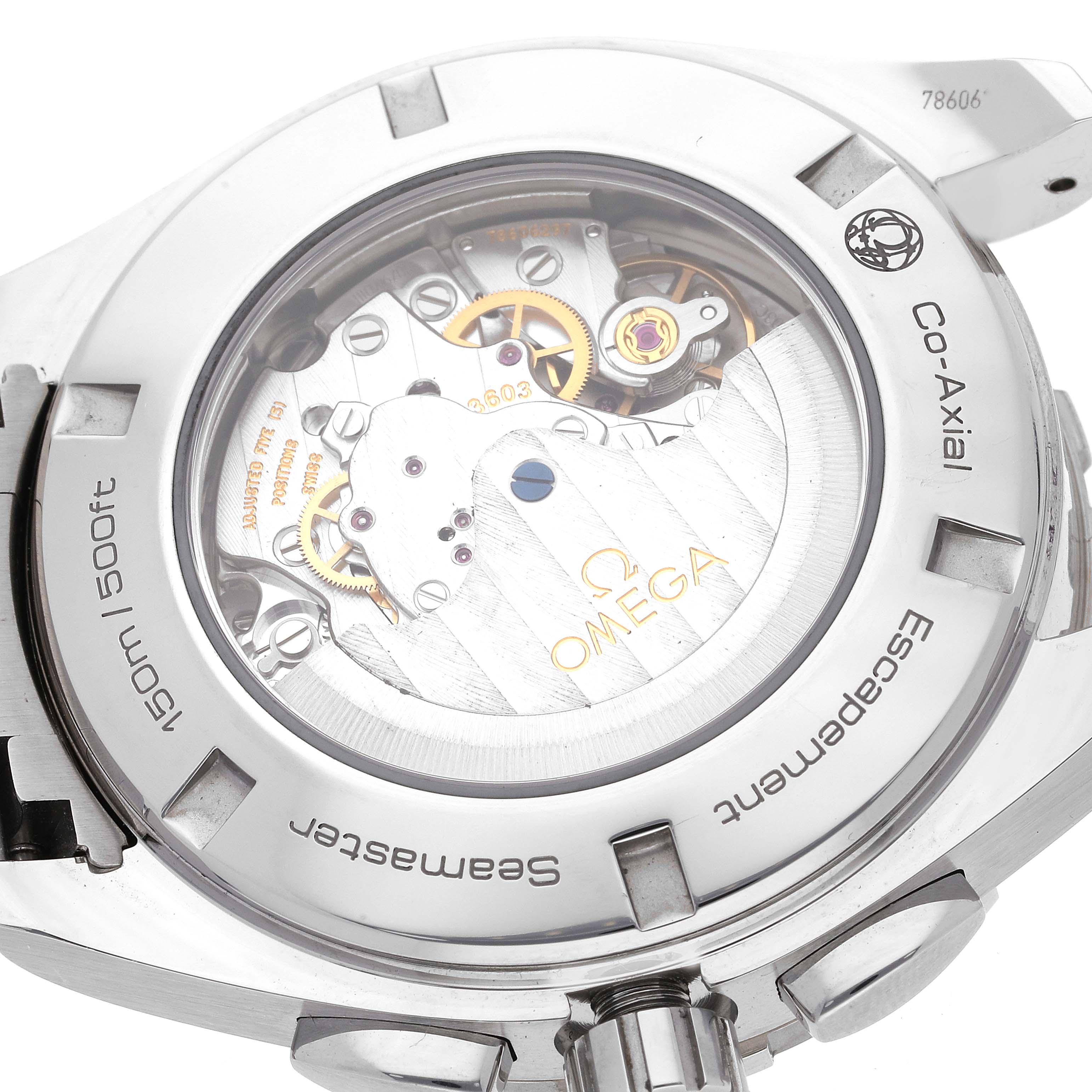 This image shows a close-up view of the back of the Omega Aqua Terra 231.10.44.52.04.001 Men
s Stainless Steel White Dial 231.10.44.52.04.001 Men
s Stainless Steel White Dial watch, highlighting its Co-Axial movement and internal mechanisms.