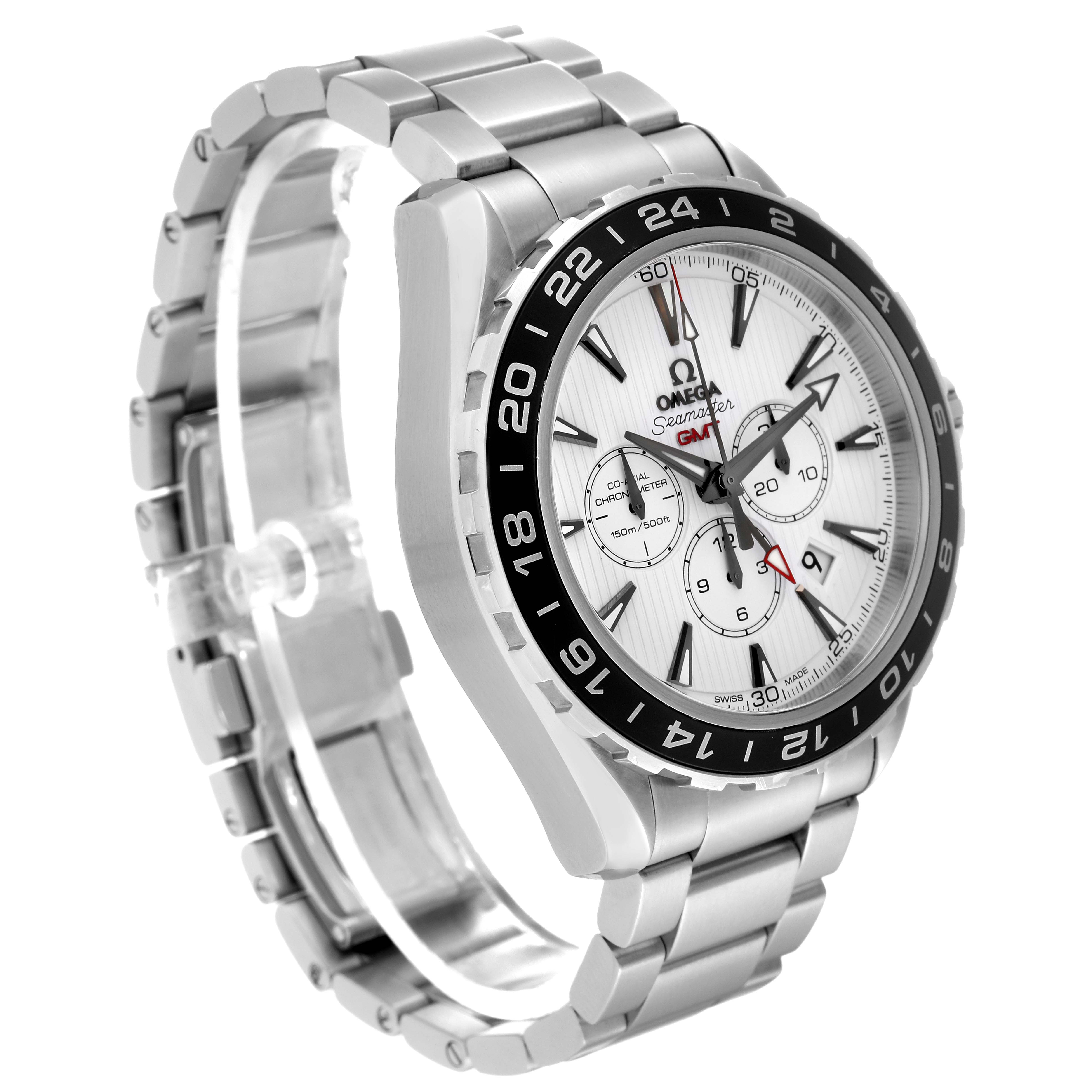 The image shows a side profile of an Omega Aqua Terra 231.10.44.52.04.001 Men
s Stainless Steel White Dial 231.10.44.52.04.001 Men
s Stainless Steel White Dial watch, highlighting its stainless steel bracelet and bezel.