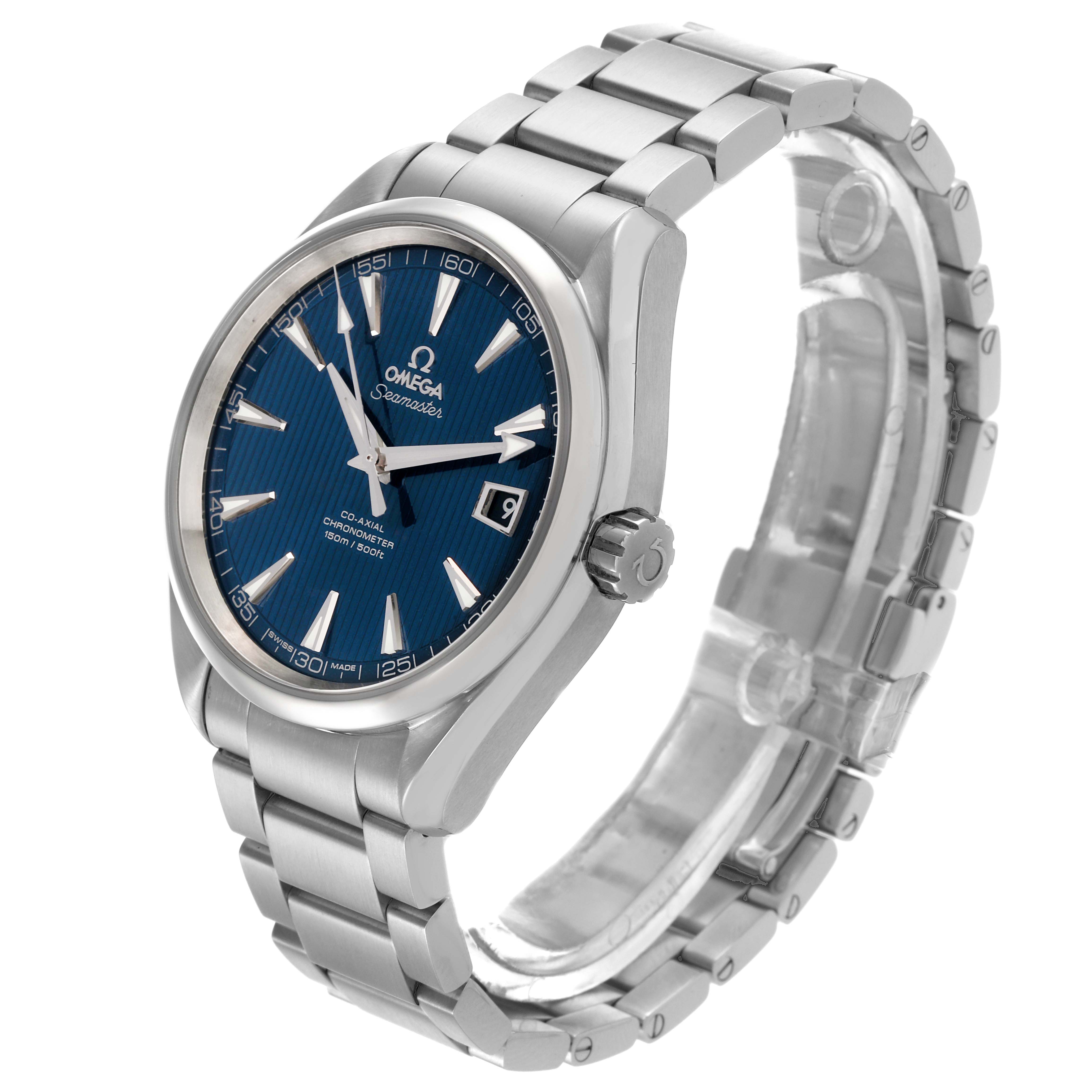 The Omega Aqua Terra 231.10.42.21.03.001 Men's Stainless Steel Blue Dial 231.10.42.21.03.001 Men's Stainless Steel Blue Dial watch is shown at a side angle, featuring the face, bezel, crown, and bracelet.