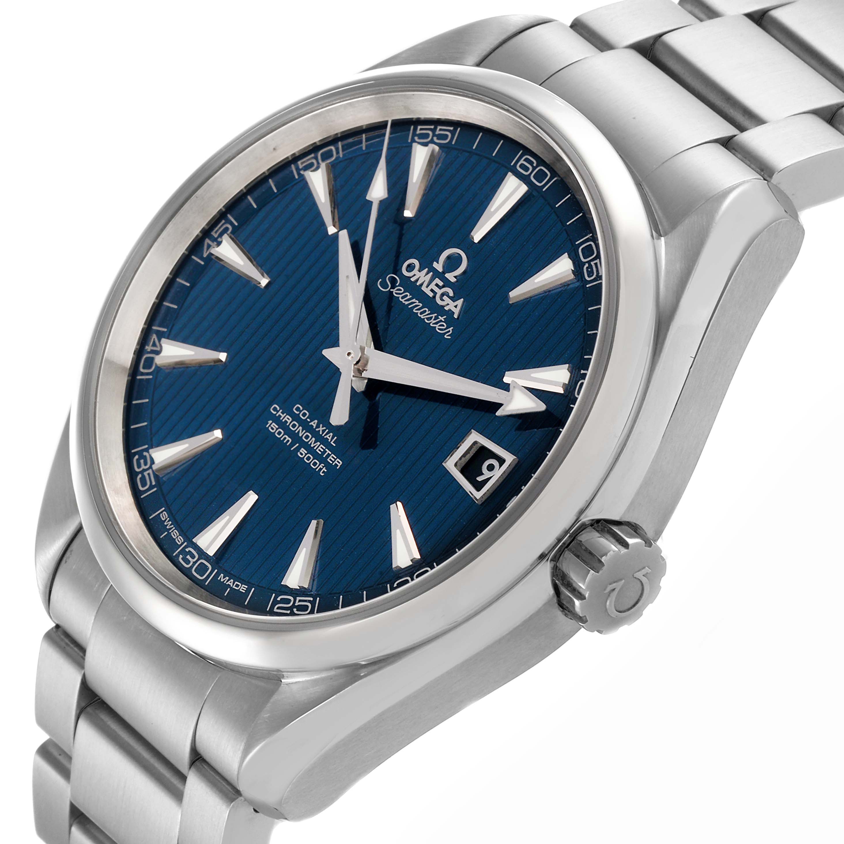 The Omega Aqua Terra 231.10.42.21.03.001 Men's Stainless Steel Blue Dial 231.10.42.21.03.001 Men's Stainless Steel Blue Dial watch is shown at an angled view, displaying the face, bezel, crown, and part of the bracelet.