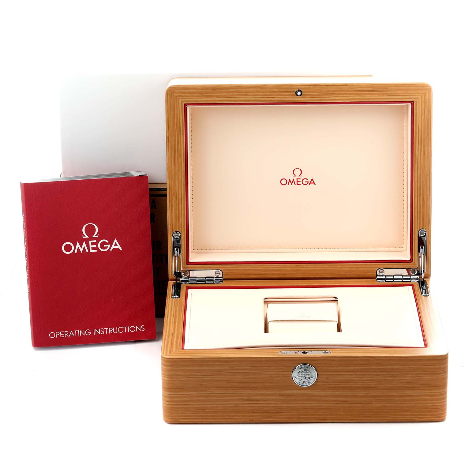 The image shows the Omega Aqua Terra 231.10.42.21.03.001 Men's Stainless Steel Blue Dial 231.10.42.21.03.001 Men's Stainless Steel Blue Dial watch's open wooden box and operating instructions booklet.