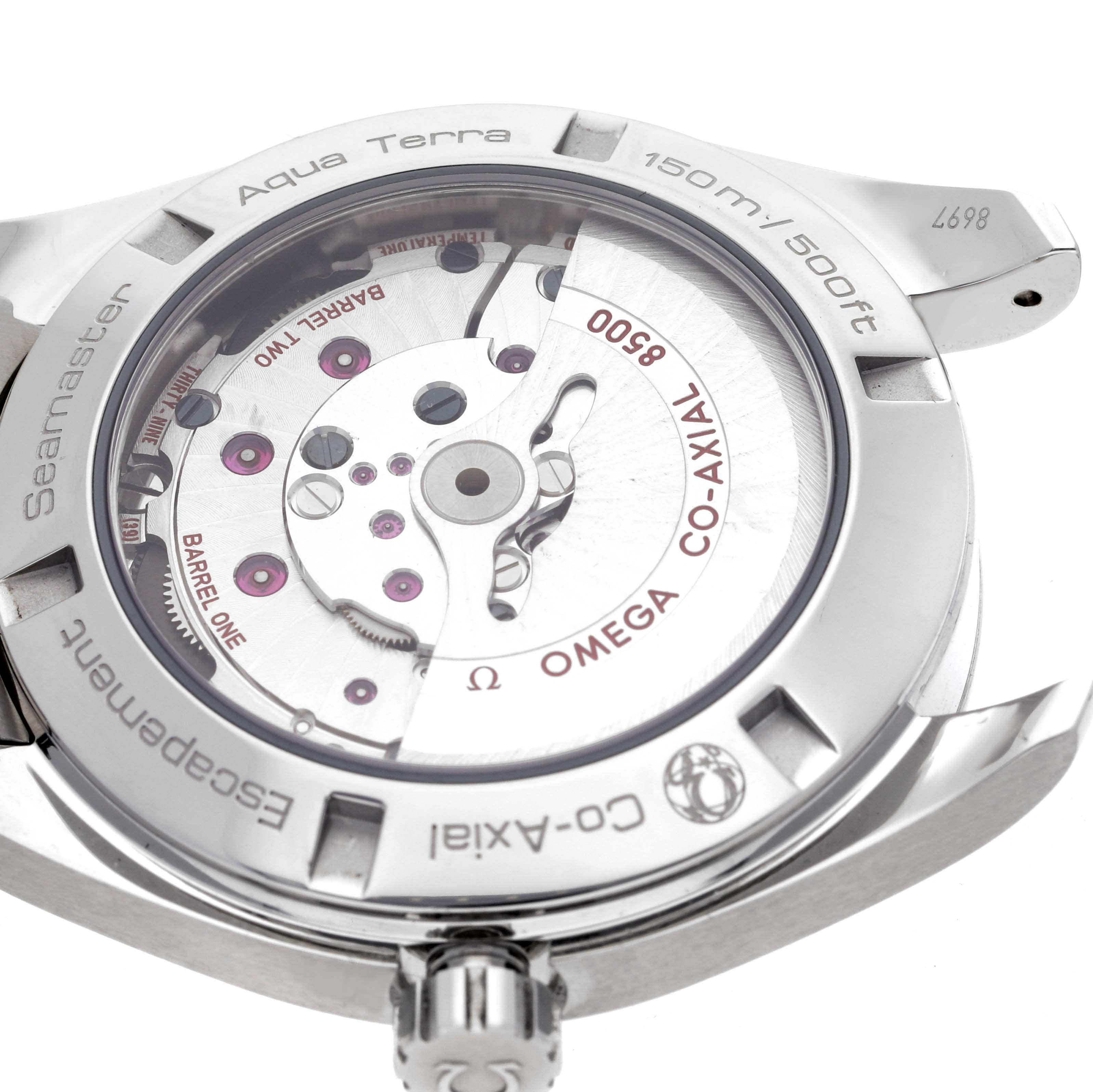 The image shows the back view of the Omega Aqua Terra 231.10.42.21.03.001 Men's Stainless Steel Blue Dial 231.10.42.21.03.001 Men's Stainless Steel Blue Dial, highlighting its movement and detailing.