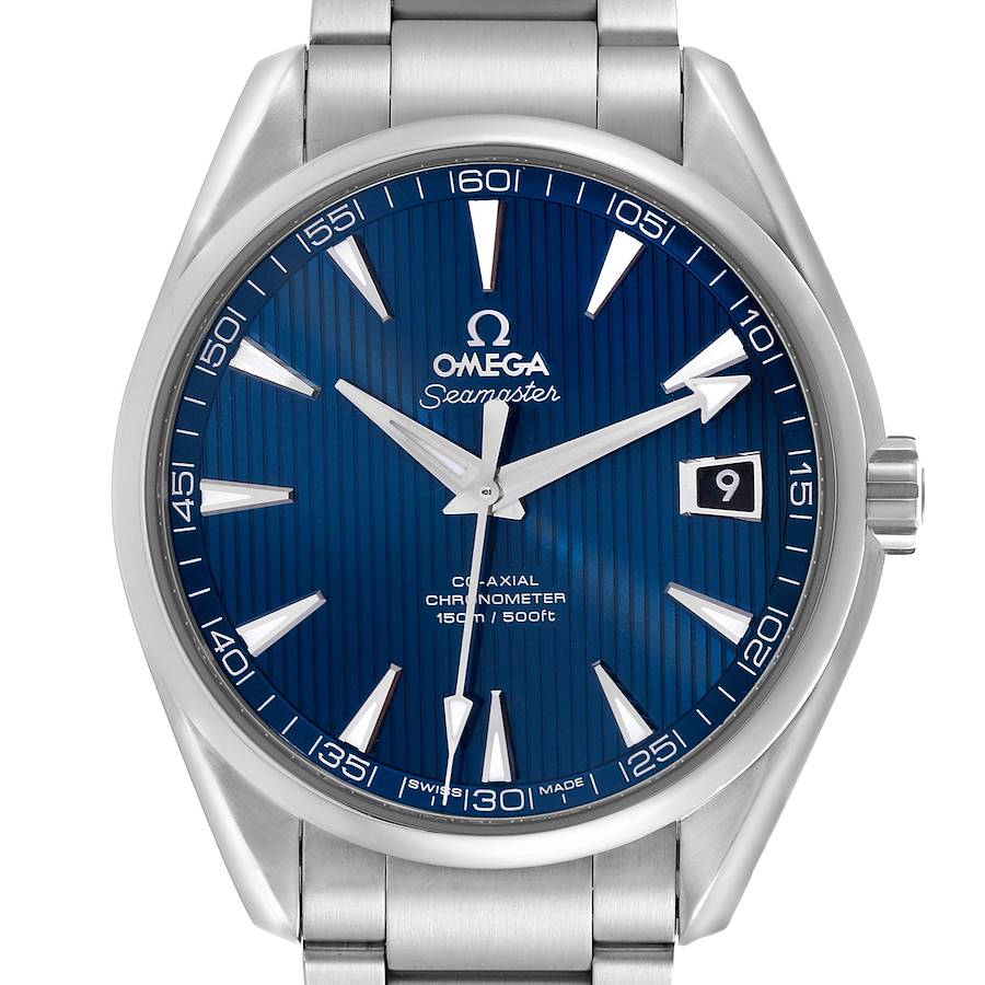 The Omega Aqua Terra watch is shown from a front angle, displaying the blue dial, hands, markers, date, and part of the bracelet.