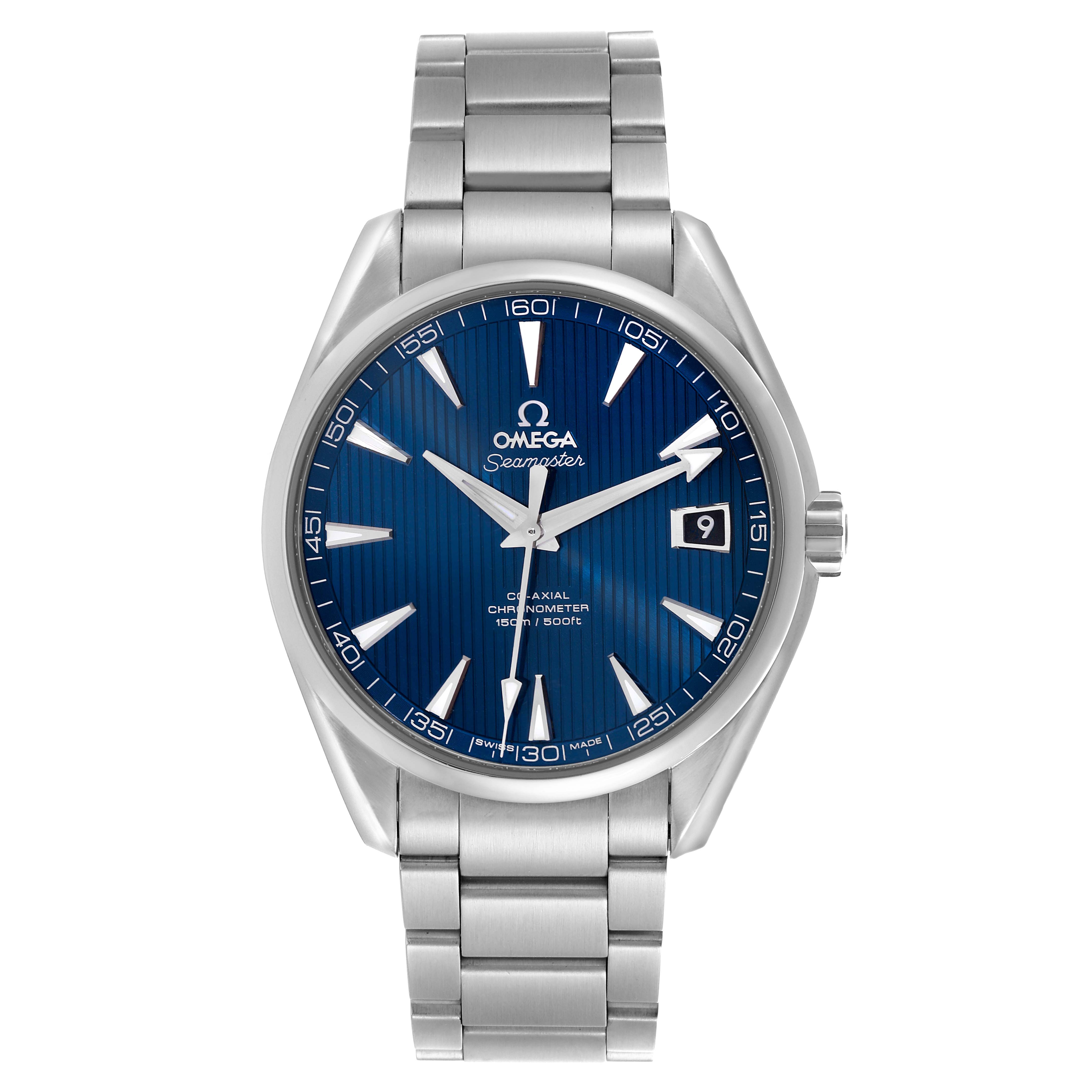 The Omega Aqua Terra 231.10.42.21.03.001 Men's Stainless Steel Blue Dial 231.10.42.21.03.001 Men's Stainless Steel Blue Dial watch is shown from the front, displaying its blue dial, hands, markers, bracelet, and crown.