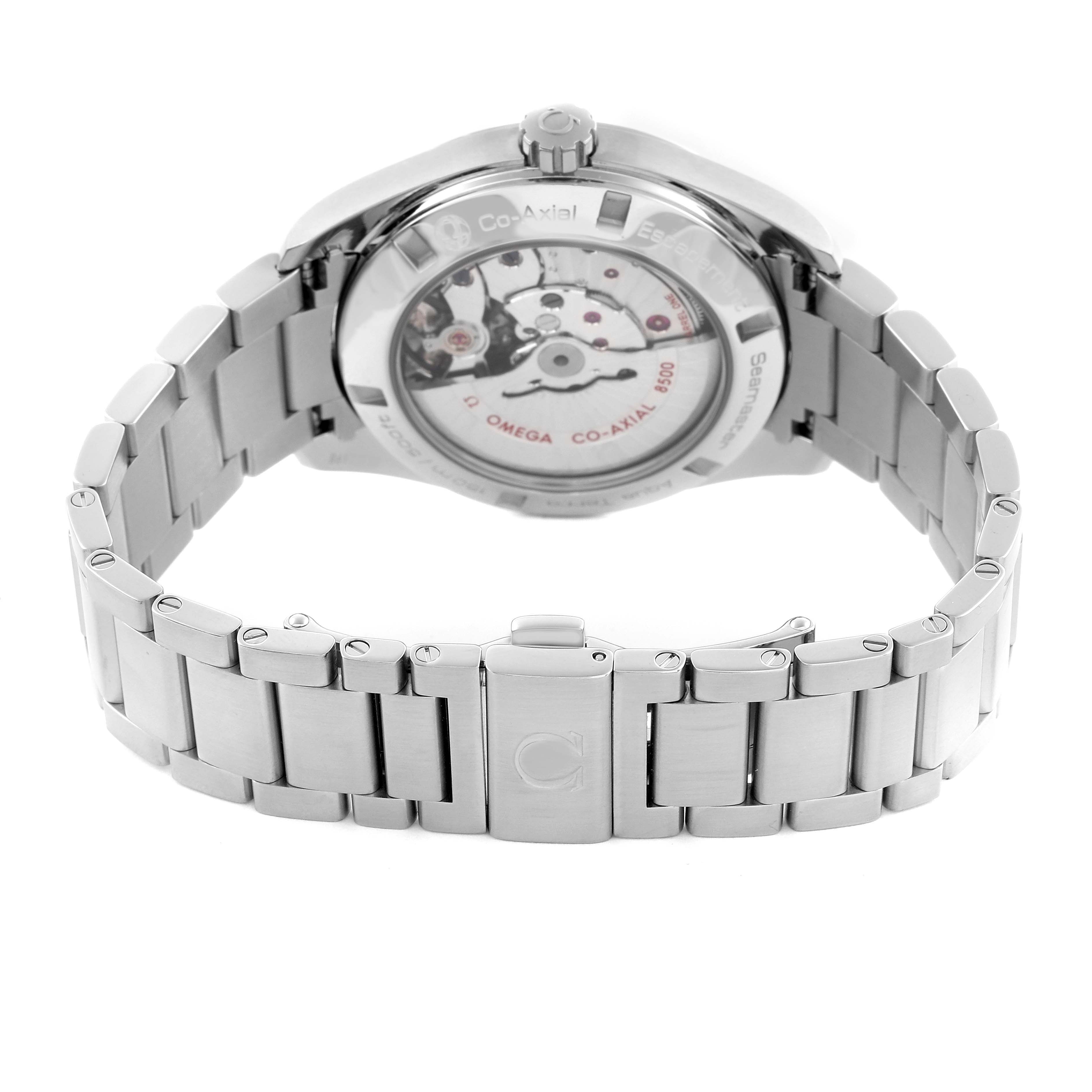 The Omega Aqua Terra 231.10.42.21.03.001 Men's Stainless Steel Blue Dial 231.10.42.21.03.001 Men's Stainless Steel Blue Dial watch is shown from the back, highlighting the exhibition case back and stainless steel bracelet.