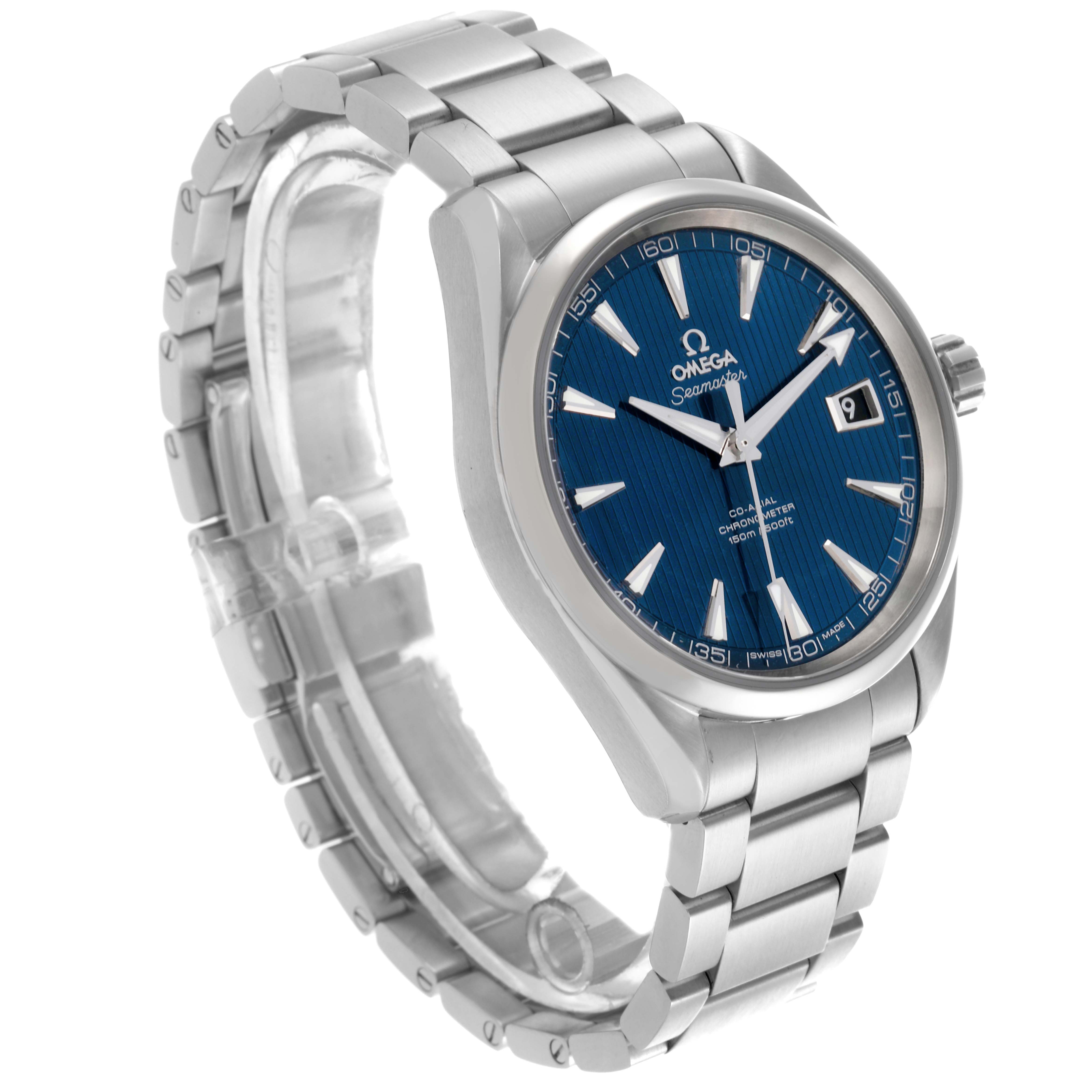 The Omega Aqua Terra 231.10.42.21.03.001 Men's Stainless Steel Blue Dial 231.10.42.21.03.001 Men's Stainless Steel Blue Dial watch is shown at a three-quarter angle, displaying the blue dial, date window, and metal bracelet.