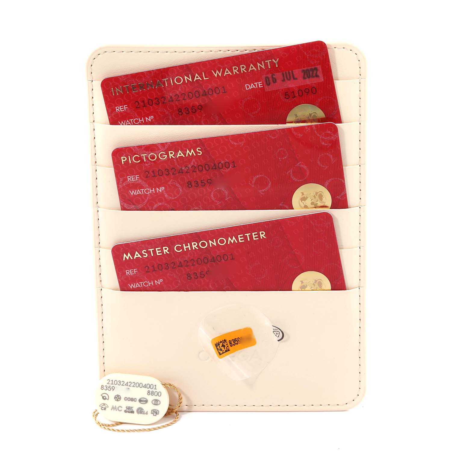 The image displays warranty and pictogram cards for the Omega Seamaster 210.32.42.20.04.001 Men's Stainless Steel White Dial 210.32.42.20.04.001 Men's Stainless Steel White Dial model.