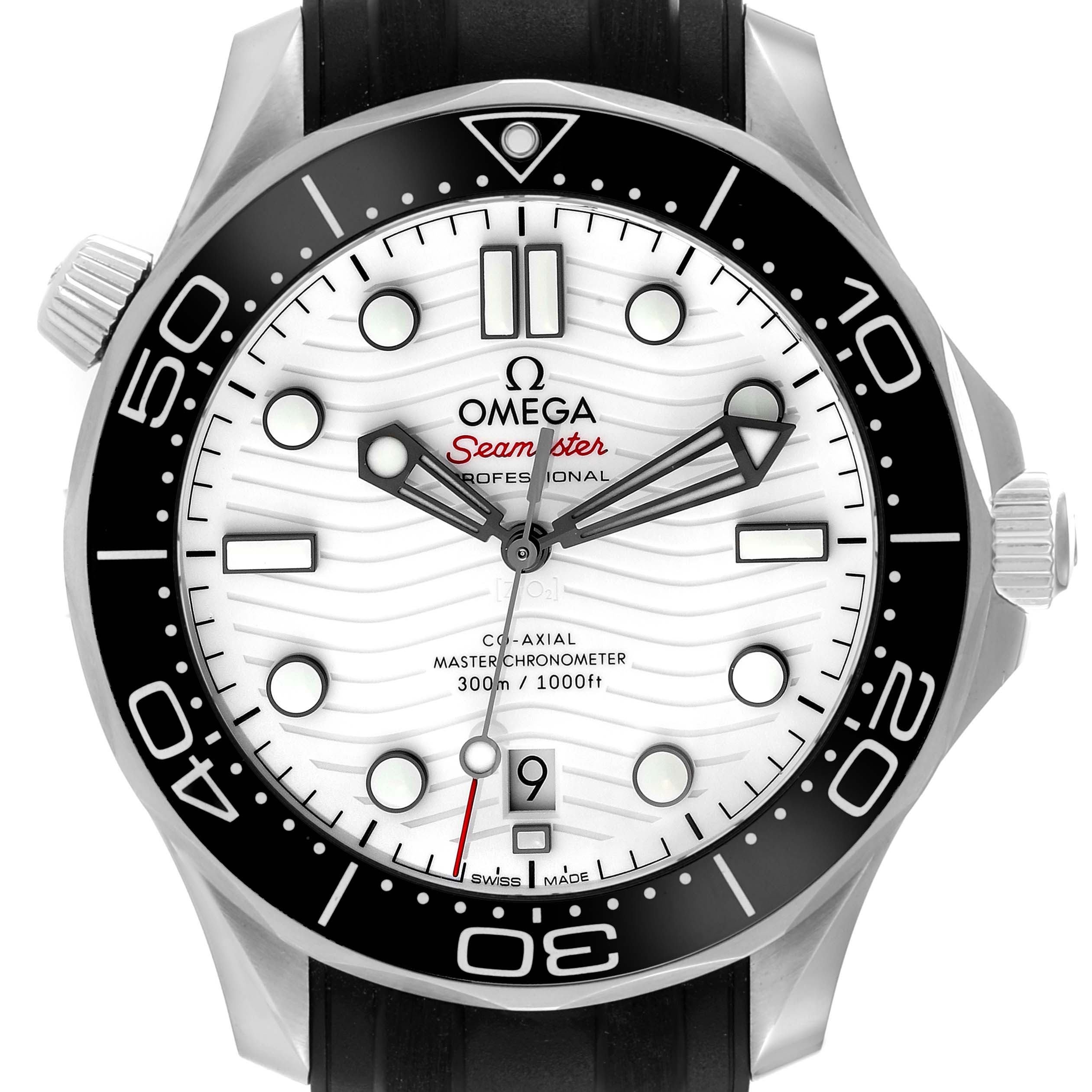 The image shows a front view of the Omega Seamaster 210.32.42.20.04.001 Men's Stainless Steel White Dial 210.32.42.20.04.001 Men's Stainless Steel White Dial watch, displaying its dial, bezel, and crown.
