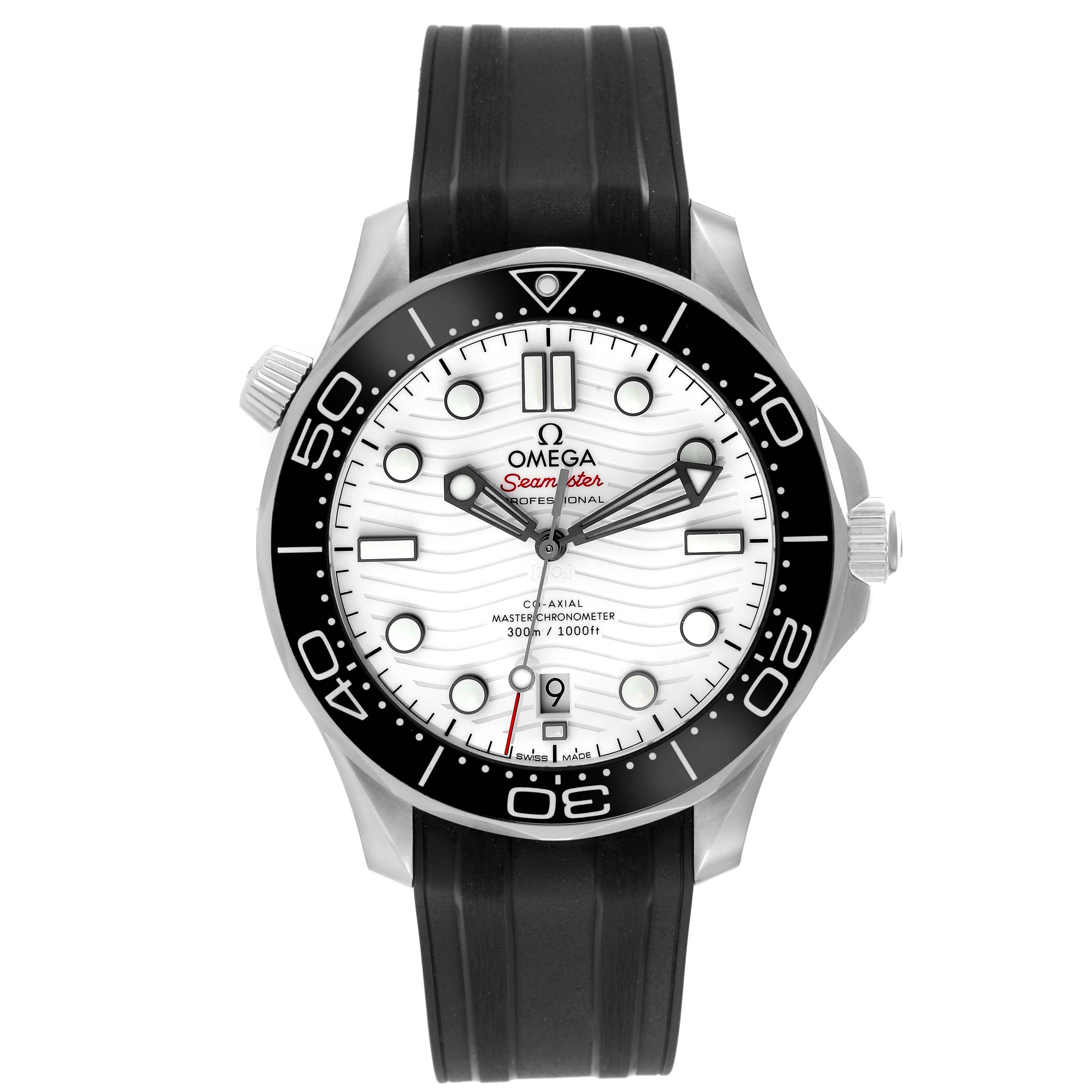 The Omega Seamaster 210.32.42.20.04.001 Men's Stainless Steel White Dial 210.32.42.20.04.001 Men's Stainless Steel White Dial watch is shown from a front angle, displaying its face, bezel, and black strap.