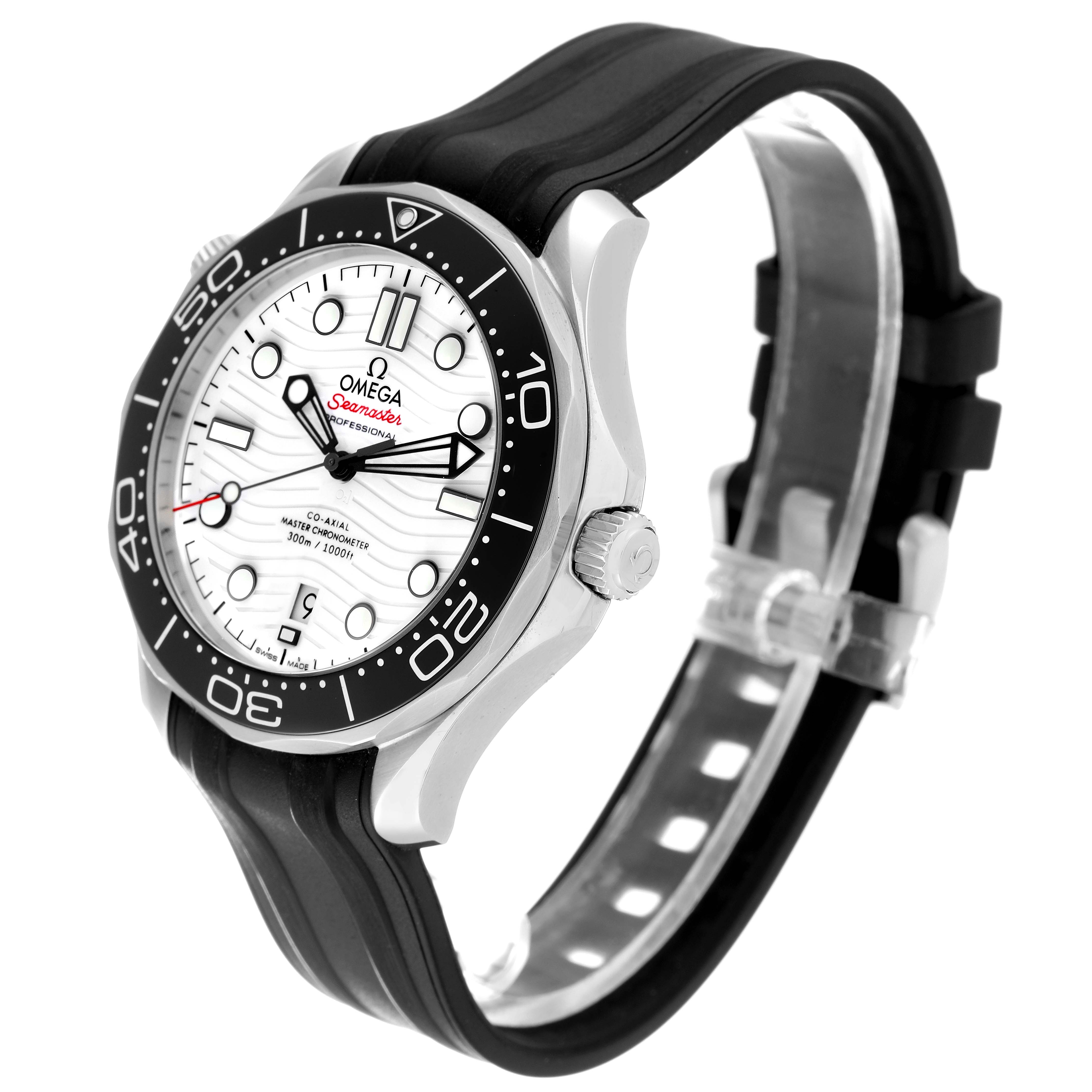 This image shows an Omega Seamaster 210.32.42.20.04.001 Men's Stainless Steel White Dial 210.32.42.20.04.001 Men's Stainless Steel White Dial watch at a three-quarter angle, highlighting the dial, bezel, case, and strap.