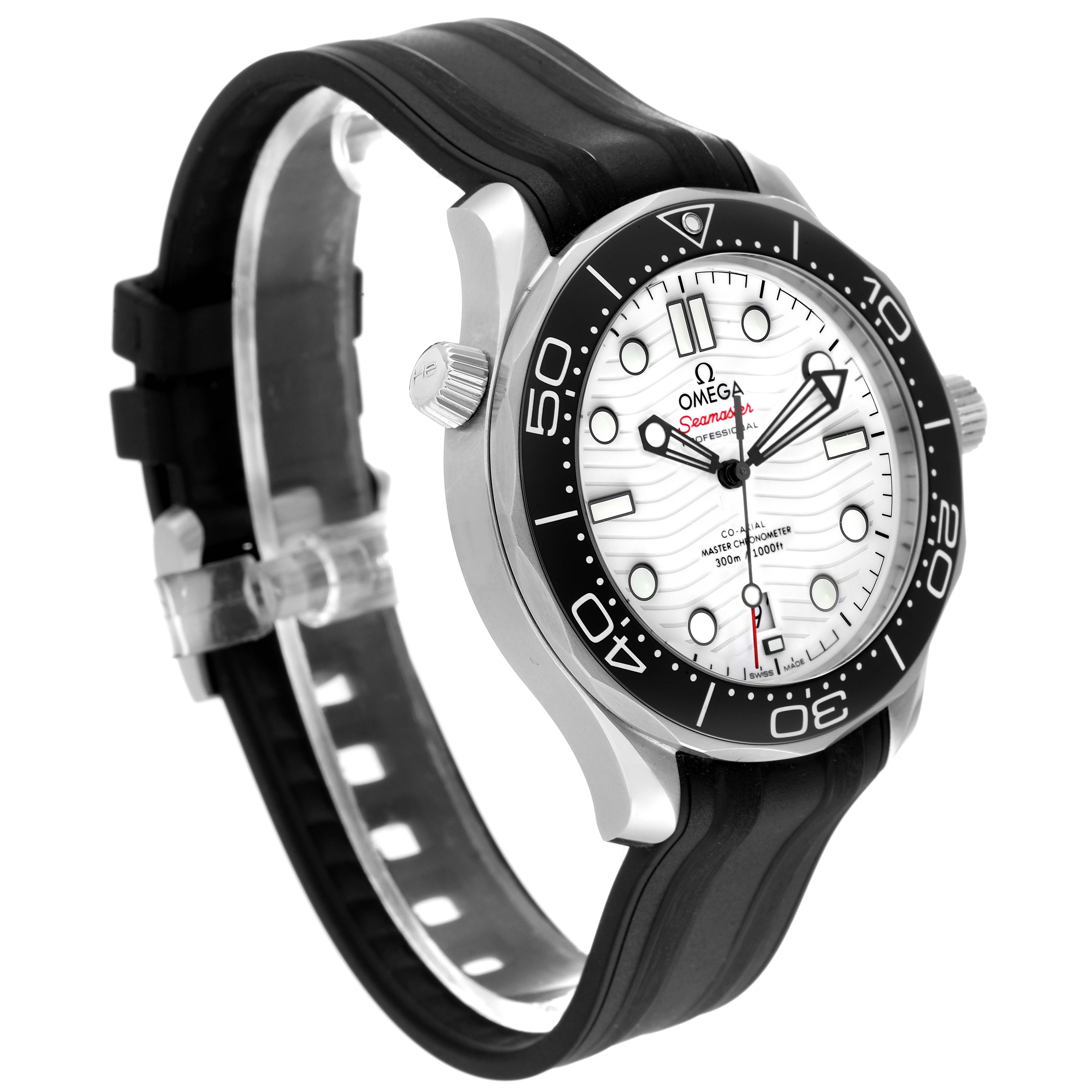 The image shows the Omega Seamaster 210.32.42.20.04.001 Men's Stainless Steel White Dial 210.32.42.20.04.001 Men's Stainless Steel White Dial watch angled from the front and slightly to the left, highlighting the face, bezel, and strap.