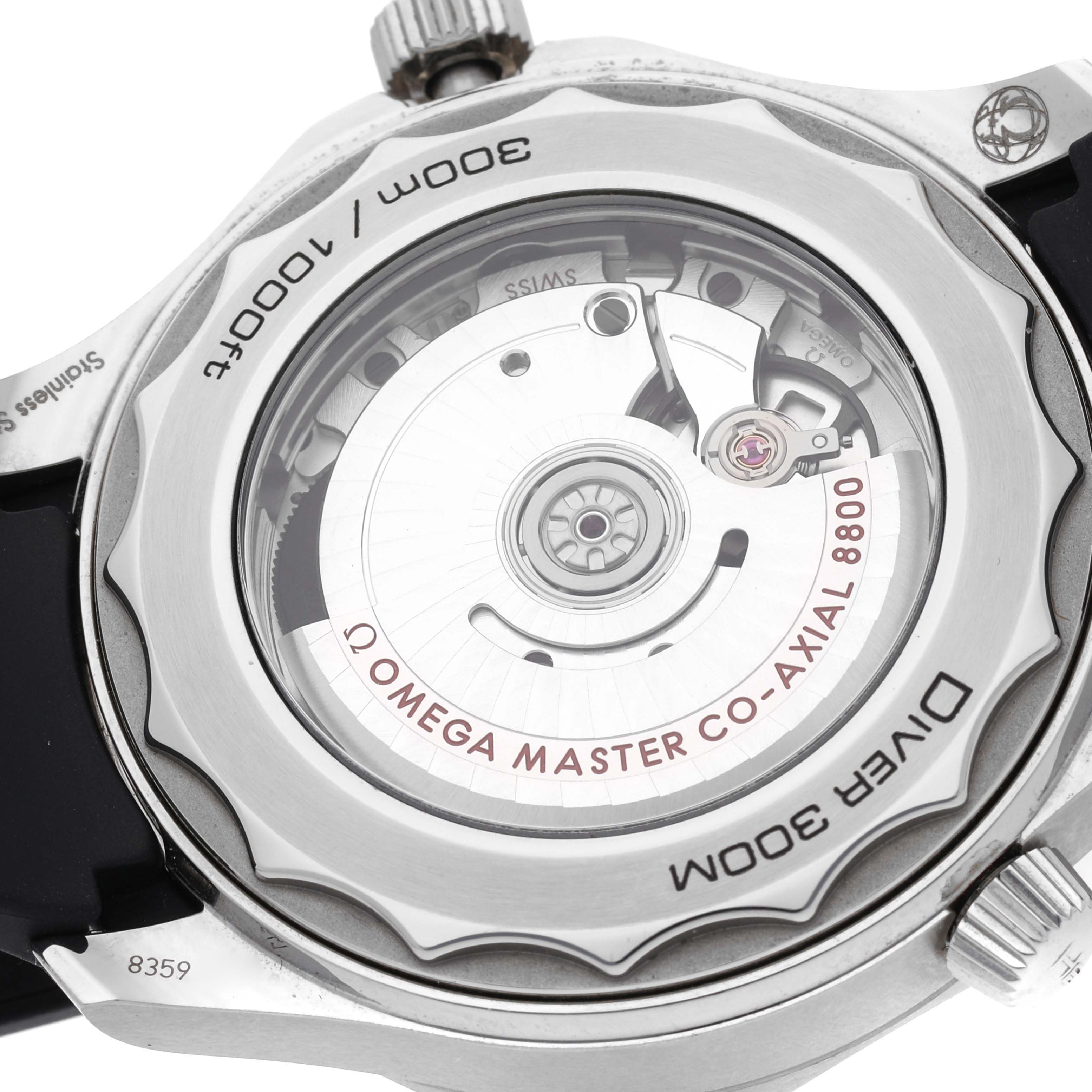 The image shows the back view of an Omega Seamaster 210.32.42.20.04.001 Men's Stainless Steel White Dial 210.32.42.20.04.001 Men's Stainless Steel White Dial watch, displaying its automatic movement and "Omega Master Co-Axial 8800" text.