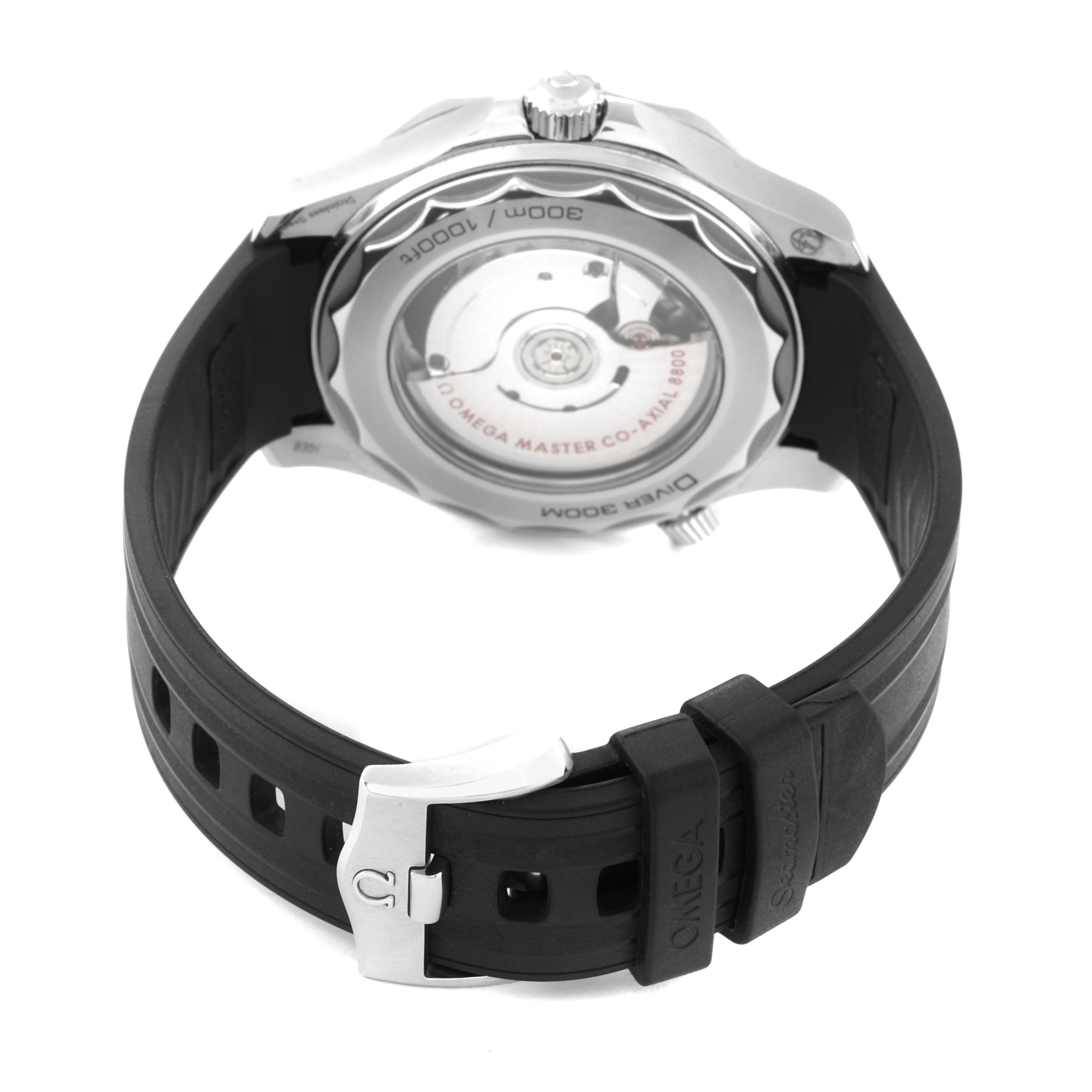 The image shows the back of the Omega Seamaster 210.32.42.20.04.001 Men's Stainless Steel White Dial 210.32.42.20.04.001 Men's Stainless Steel White Dial watch, including the case back and rubber strap with buckle.