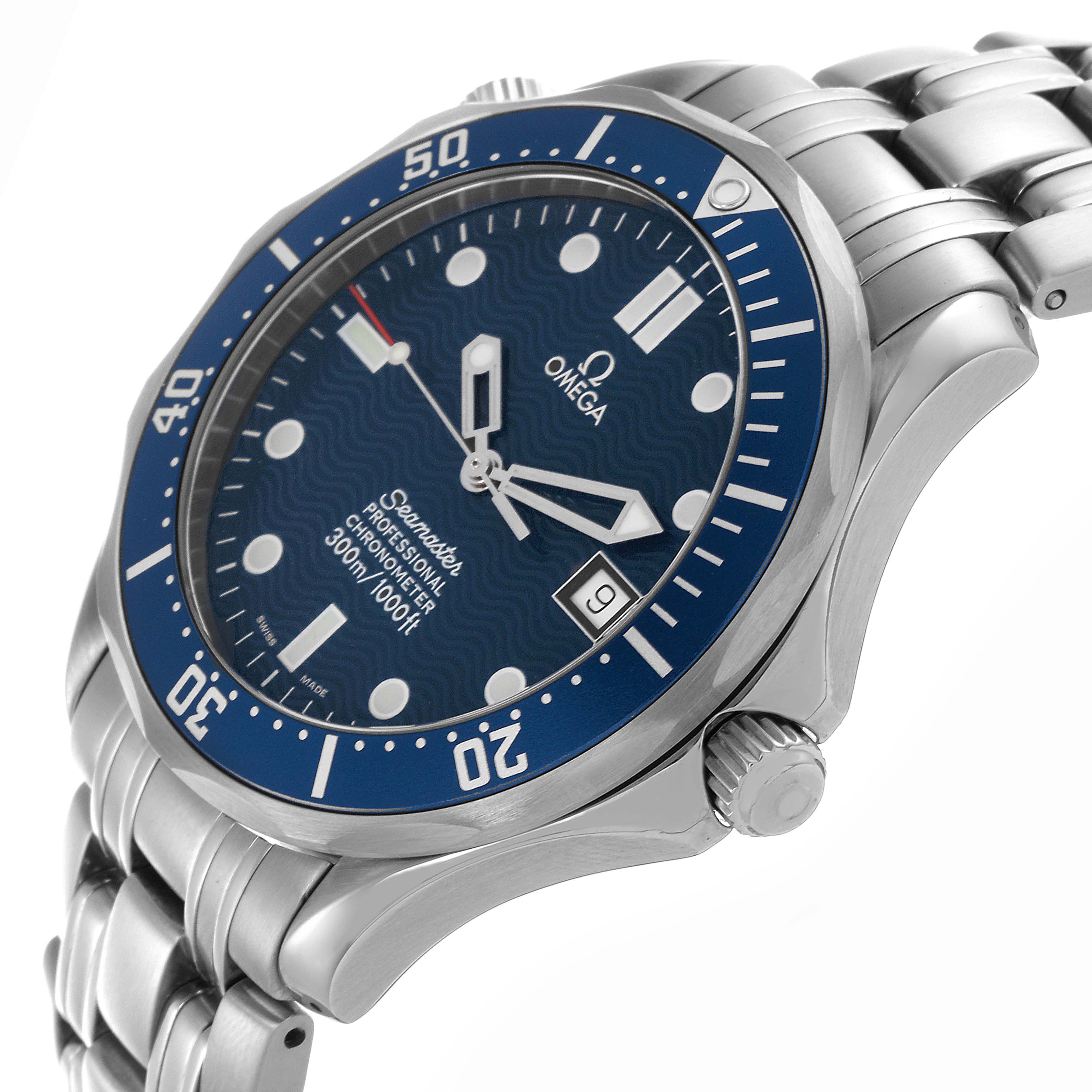 The Omega Seamaster 2531.80.00 Men
s Stainless Steel Blue Dial 2531.80.00 Men
s Stainless Steel Blue Dial watch is shown at an angle highlighting its blue dial, bezel, bracelet, and crown.